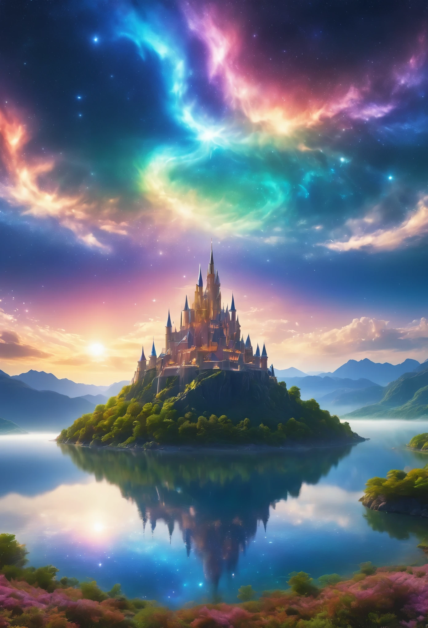 (8k, highest quality, masterpiece, final fantasy style: 1.2), (unRealistic, photoRealistic: 1.37), Dreamy landscape, Fantasy, Unsurreal landscapes, Super detailed, Flying medieval castle, Floating Island in the Sky, Seven-colored swirl of light, (流星のMr.に空を舞う光り輝く尾の長い小鳥:1.3), Aurora, Intense lightning, milky way, Complex Light, Mr.々Colored light, Large Lake, Starry sky reflected on the lake surface, Countless shining stars, Meteors, Many meteors, Aura of, (A pillar of light emanated from the ground:1,2), 複雑な文Mr.の魔法陣, (one mage lady standing on lake side, huge bouncing bust:1.1)