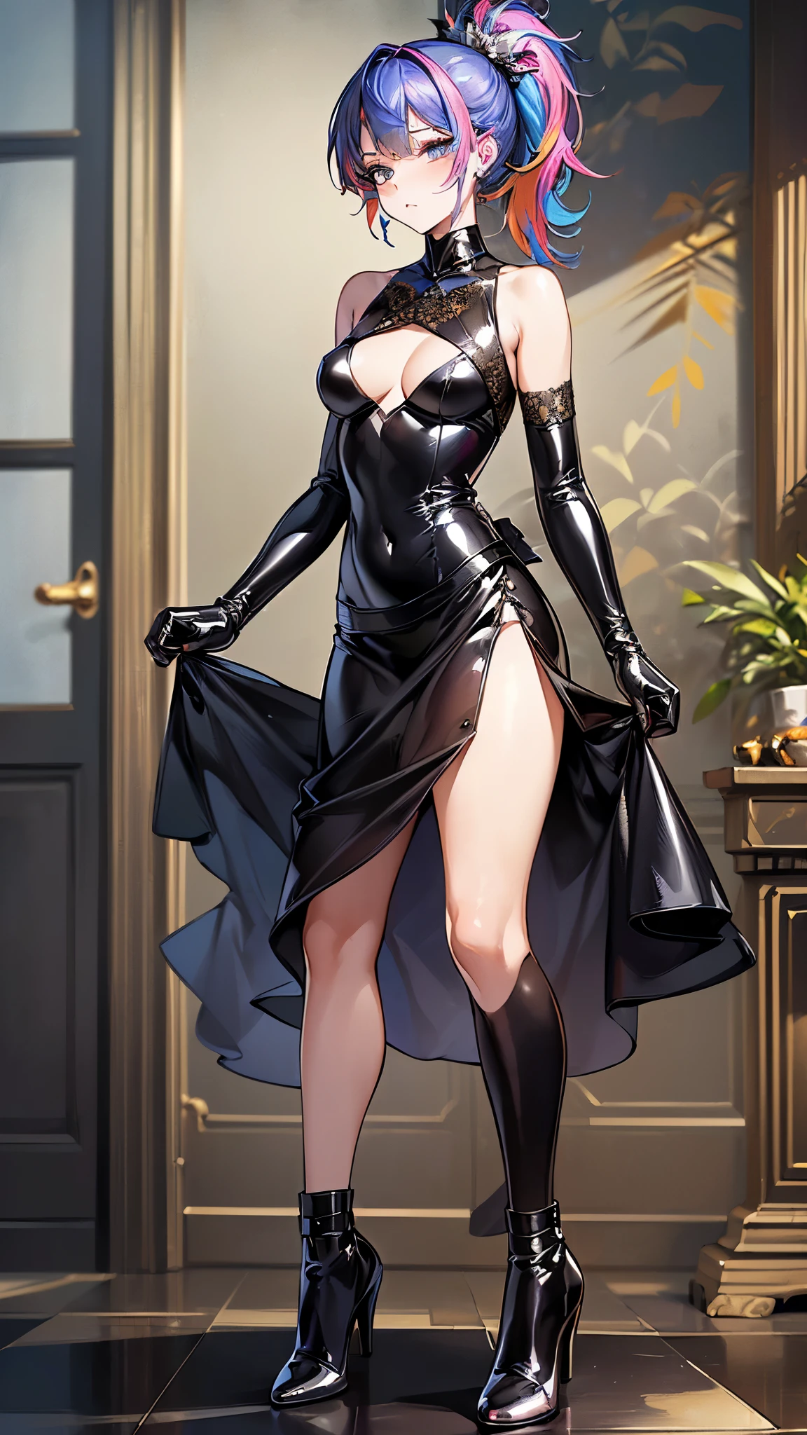 ((highest quality)),(Ultra-high resolution),(Very detailed),(Detailed Description),((The best CG)),(A masterpiece),Ultra-detailed art,Amazing drawing art,(Art with precise details:1.5),((Extremely colorful:1.7), (Woman wearing a cropped dress:1.6),(Beautiful and well-proportioned face:1.4),(ponytail:1.5),(Slim abdomen:1.4),(Deep slit long skirt:1.4),(Black patent leather high heels:1.3),