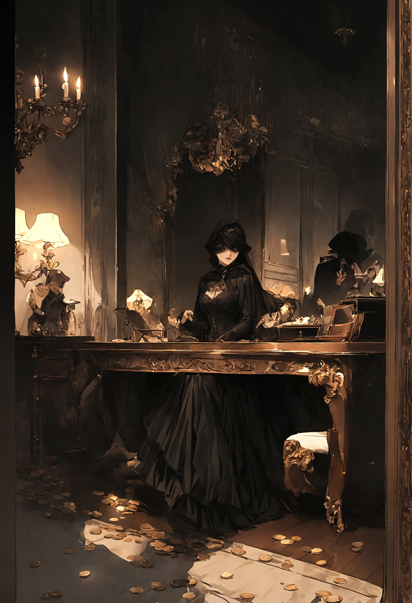"A thief is robbing and taking money and coins from a mobile phone in a luxurious room. The thief is gazing out the window with an evil expression on their face as they commit the theft." Some additional details that could be included: The luxurious room has ornate furnishings, chandeliers, and expensive décor The thief is wearing all black or dark clothing to blend into the shadows The mobile phone is sitting on a mahogany desk or table, with money and coins scattered around it Moonlight or soft lighting is streaming in through the window behind the thief The thief has a sinister, mischievous look on their face as they carry out the robbery