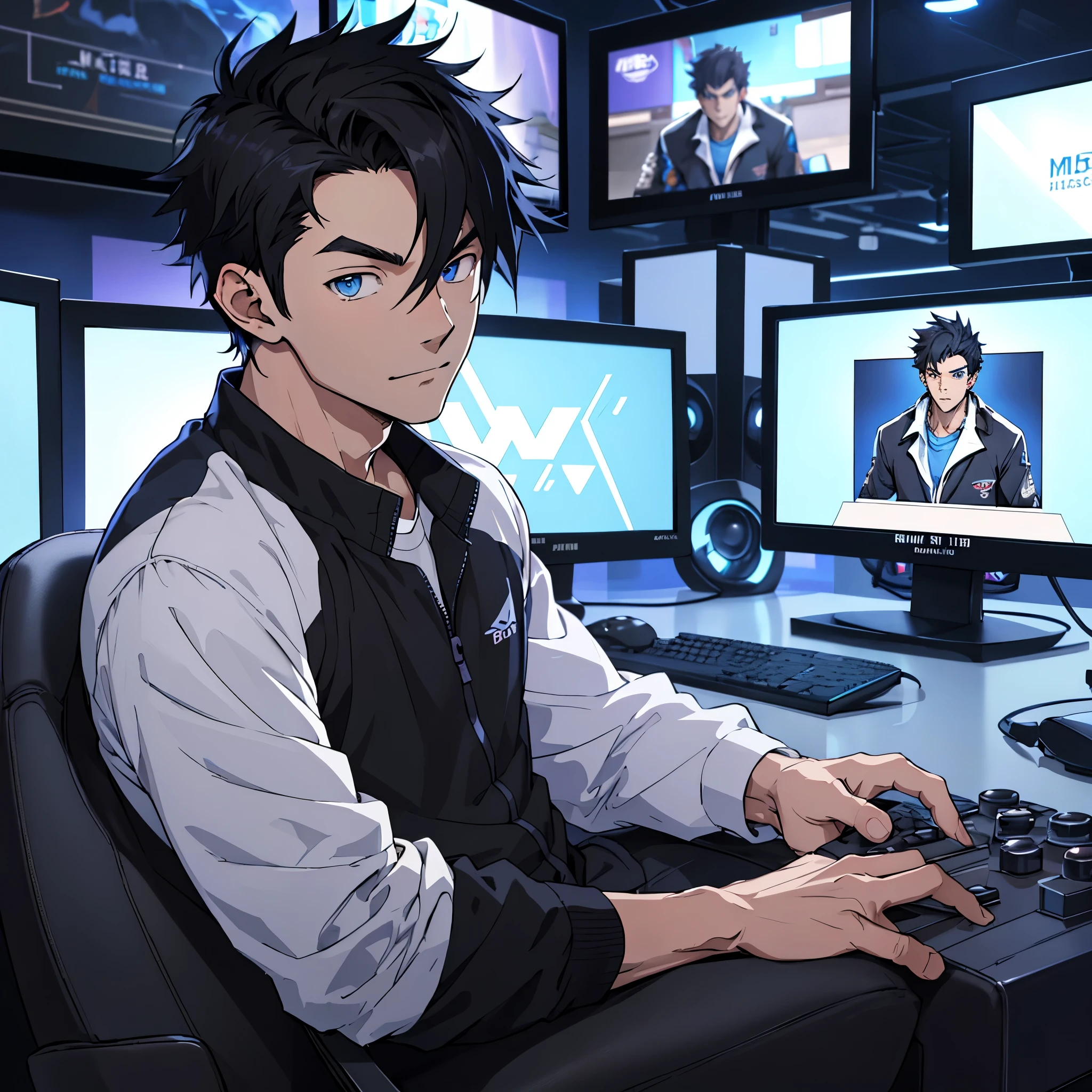 Best quality: 1.0), (Super High Resolution: 1.0), Anime boy, short black hair, blue eyes, sitting in front of computer playing games, background in esports room,