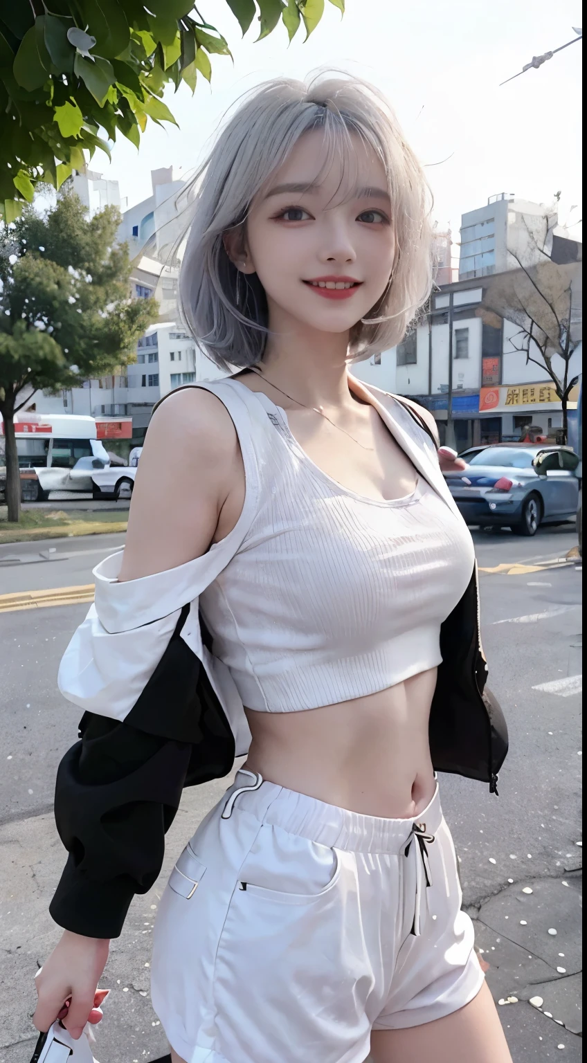 Best image quality、RAW Photos、超A high resolution、21 years old Korean、Small breasts、Dynamic Angle、Cowboy Shot、Chaos in its most beautiful form、elegant、Brutalist Design、Vibrant colors、Beautiful white hair、Short Bob、smile、fun、smile、Glowing White Skin、Beautiful eyes with random colors、Very thin lips、Beautiful eyes in every detail、 Narrow eyes、Cheeks are pale pink、Eyelash length、Beautiful double eyelids、eye shadow、Bright white hair、Black crop top、Lightweight see-through jacket、Transparent Top、Harem pants、Large park、Cafe、Shooting from the rear、、turn around、The wind is blowing、Hair fluttering、Hand gestures