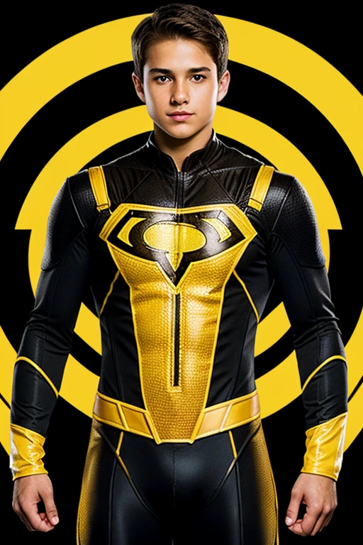 . Brown hair. Brown eyes. Mostly Yellow superhero suit with a little bit black no cape. Thunder sign in a circle on the suit on the chest. Yellow force field around him and a white background.
