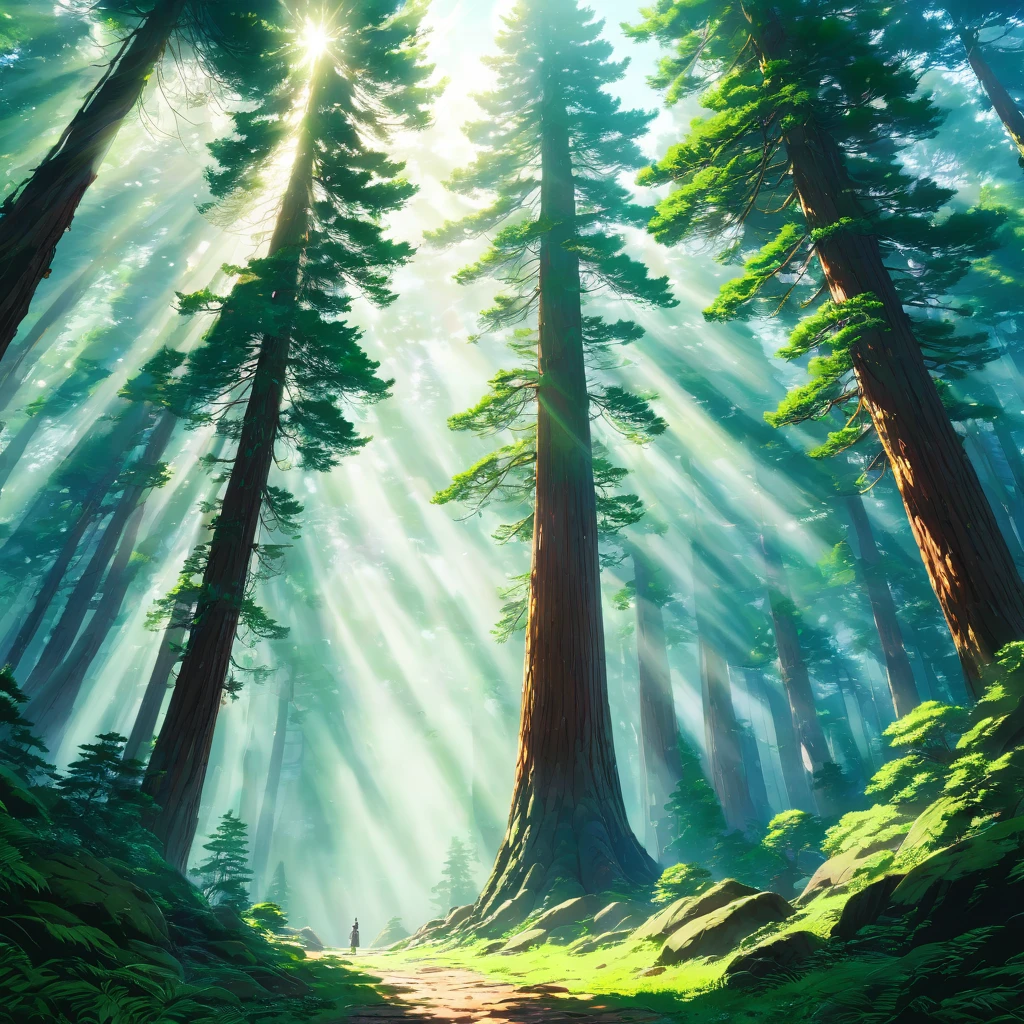 Giant Sequoia, Giant wood, forest, green, Light, Sunlight filtering through the trees, fog, god秘的, god聖, place, Silence, air, clear, power, energy, Healing, spirit, Ancient, history, time, awe-inspiring, god々Shii, Solemn,beautiful Anime Scenery, Landscape painting, 美Shiiデジタル絵画, Andreas Rocha, 美Shiiアートワークのイラスト, 素晴らShii壁紙, Raymond Han, 背の高い美Shii絵画, Studio Greeble Makoto Shinkai, 美Shii壁紙, Anime Scenery