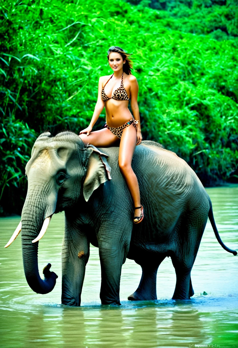 Leopard bikini girl riding on elephant in the water