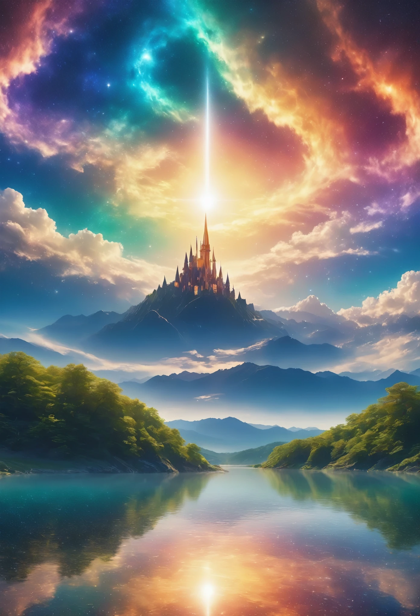 (8k, highest quality, masterpiece, final fantasy style: 1.2), (unRealistic, photoRealistic: 1.37), Dreamy landscape, Fantasy, Unsurreal landscapes, Super detailed, Flying medieval castle, Floating Island in the Sky, Seven-colored swirl of light, (流星のMr.に空を舞う光り輝く尾の長い小鳥:1.3), Aurora, Intense lightning, milky way, Complex Light, Mr.々Colored light, Large Lake, Starry sky reflected on the lake surface, Countless shining stars, Meteors, Many meteors, Aura of, (A pillar of light emanated from the ground:1,2), 複雑な文Mr.の魔法陣, (one mage lady standing on lake side, huge bouncing bust:1.1)