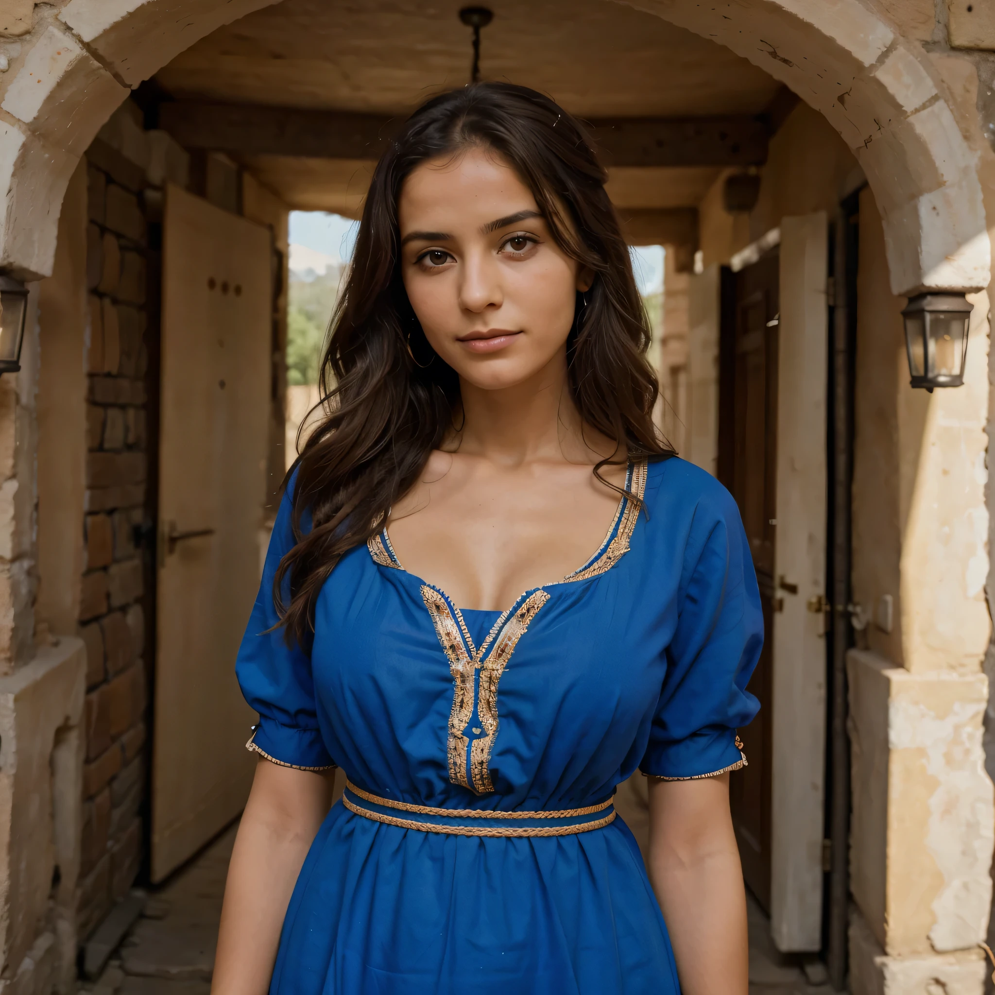 jeune femme ronde, Berbère originaire d'Algeria. lightly tanned, avec des yeux bleux et un petit nez. curly hair, de couleur brun. Un long visage,qui va avec sa longue taille de 1,84. Levres pulpeuses rouge attirant. dressed in'une robe bleue assortie avec ses yeux. poitrine légère, des fesses normales. Ses vêtements couvrent tout le corps sauf les mains et la tête. High definition photo, Realistic