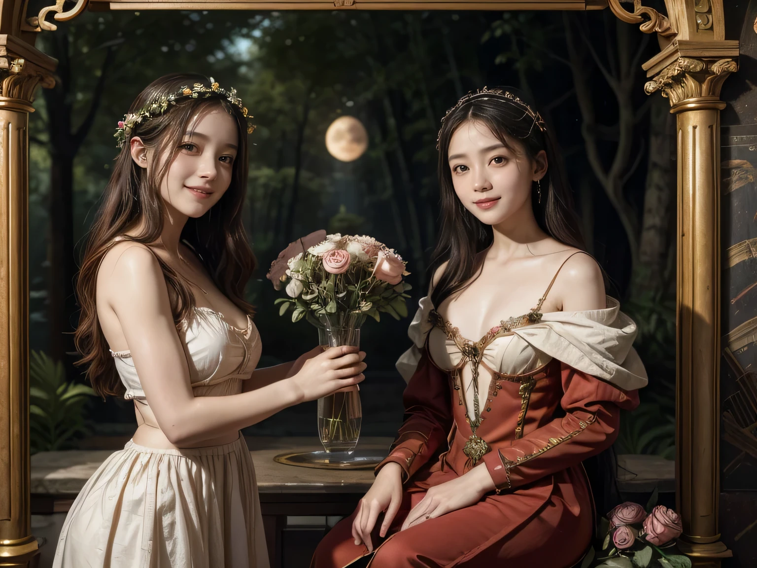 Giorgione painting style,Arguments of two female Philosophe,math、astronomical machine、astronaut、roses in vase、fruits、Cute trinkets、smile、ancient greek costume、Background is a forest lake at night 、Clothes that stretch your shoulders、A big smile、beautiful bare skin、A detailed representation of the seducing woman throughout her body.