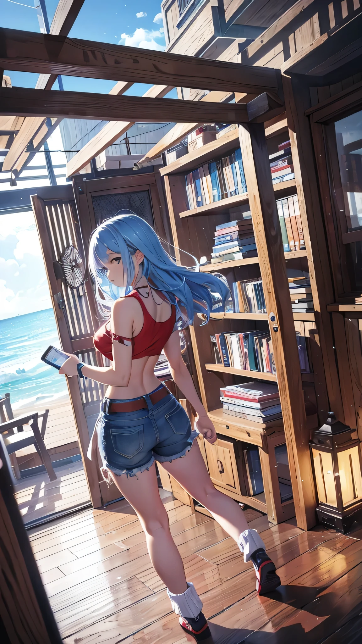 Highest quality、Highest quality、Masterpiece、girl((20-year-old、as soon as、Highest Bust、Medium Bust、Wide open chest、Red glowing eyes、Light Blue Hair、Disheveled Hair、Loincloth、thin、The best valley、Open chest、Full body view、White shorts、Black tank top、))、high quality、Beautiful Art、background((Wooden house、Wooden house具、Fan、White Curtains))、Depth((Ocean)),flight、Flying Debris、Depth of text、movie、Visual Arts、Perfect Art、8K、Genuine、Special Angles