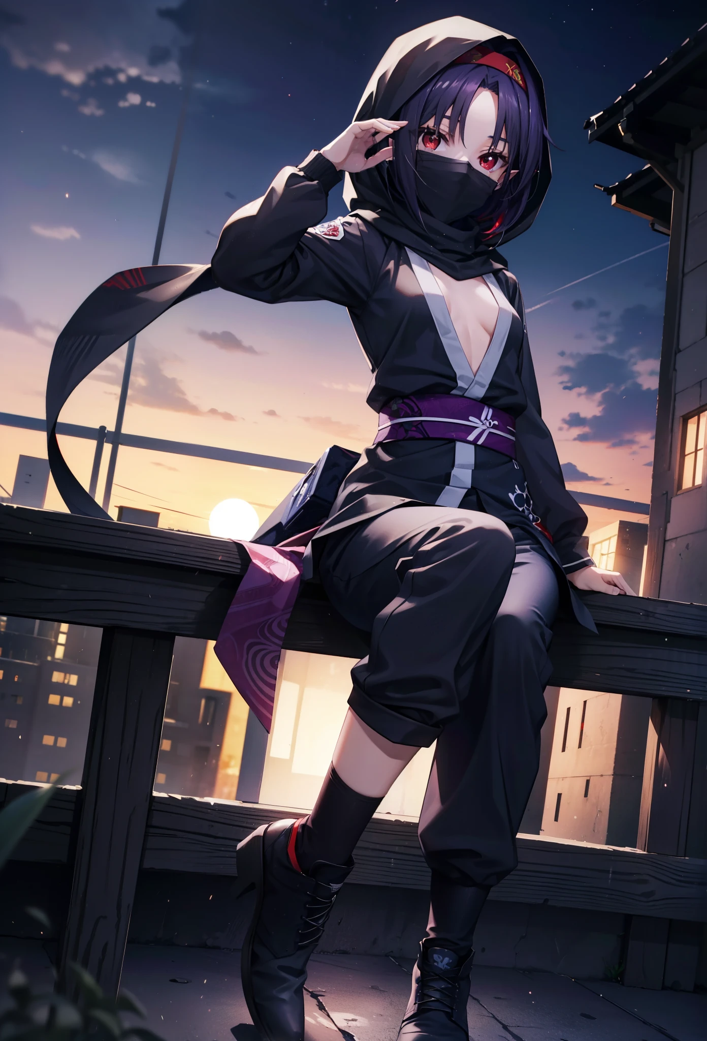 yuukikonno, Yuki Konno, hair band, Long Hair, Pointy Ears, Purple Hair, (Red eyes:1.5), (Small breasts:1.2),Hooded,cover your mouth with a black scarf,strict,black Ninja uniform,Ninja,black Ninja pants,short boots,Action pose,Overlooking the city from the roof of the building,moon,moon明かり,night,whole bodyがイラストに入るように,
break looking at viewer, whole body,
break outdoors ,Medieval European-style building,
break (masterpiece:1.2), highest quality, High resolution, unity 8k wallpaper, (shape:0.8), (Beautiful and beautiful eyes:1.6), Highly detailed face, Perfect lighting, Highly detailed CG, (Perfect hands, Perfect Anatomy),