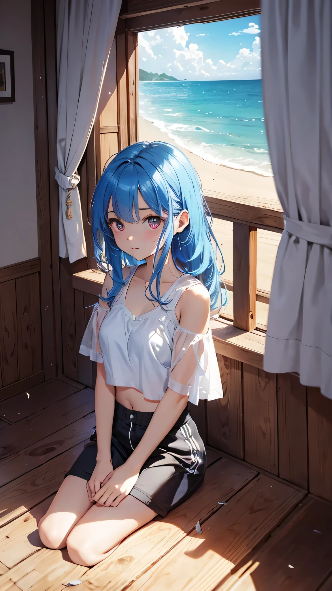 Highest quality、Highest quality、Masterpiece、girl((20-year-old、as soon as、Highest Bust、Medium Bust、Wide open chest、Red glowing eyes、Light Blue Hair、Disheveled Hair、Loincloth、thin、The best valley、Open chest、Full body view、White shorts、Black tank top、))、high quality、Beautiful Art、background((Wooden house、Wooden house具、Fan、White Curtains))、Depth((Ocean)),flight、Flying Debris、Depth of text、movie、Visual Arts、Perfect Art、8K、Genuine、Special Angles