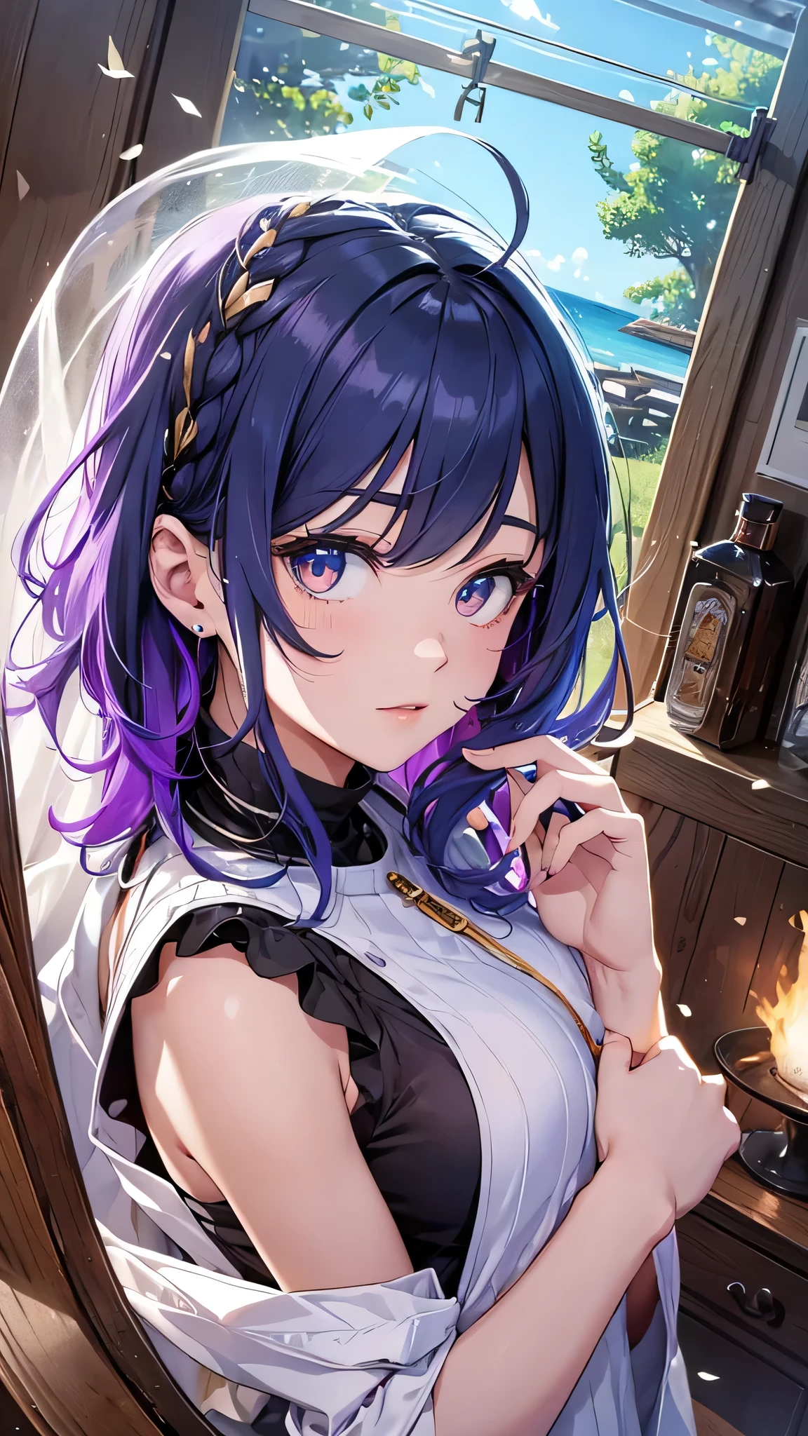 Highest quality、Highest quality、Masterpiece、girl((20-year-old、as soon as、Highest Bust、Medium Bust、Wide open chest、Red glowing eyes、Light Blue Hair、Disheveled Hair、Loincloth、thin、The best valley、Open chest、Full body view、White shorts、Black tank top、))、high quality、Beautiful Art、background((Wooden house、Wooden house具、Fan、White Curtains))、Depth((Ocean)),flight、Flying Debris、Depth of text、movie、Visual Arts、Perfect Art、8K、Genuine、Special Angles