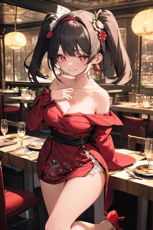 (((Masterpiece))),(((Super Detail))),(((in 8K))),(((best composition))),(((Rim lighting,Fireglow effect,deep shadow))),solo,(Hatsune Miku:1.0),Beautiful fingers,Detailed finger features,(Detailed hair features:1.7),(Dynamic and sexy bending pose:1.3),detailed facial features,detailed clothes features, (perky chest:1.1), (pointed chest:1.3), delicate beautiful face, Bright blue eyes, cute eyes, sparkling eyes, Big eyes, beautiful detailed eyes,double bun with glittering hair ornament,(super detailed glossy skin:1.3),slender body,tits,goddess smile,((with sparkling eyes and a contagious smile)),beautiful posture,have a cup of coffee,black hair, red eyes, dress, bare shoulders, jewelry, collarbone, sidelocks, hairband, earrings, indoors, off shoulder, sweater, arms behind back, plant, short hair with long locks, white hairband, off-shoulder dress, sweater dress, off-shoulder sweater, red sweater, big side hair, very long side hair,(super delicate floral pattern:1.2),seductive cleavage:1.3,beautiful glossy legs,shiny red high heels,lifting dishes with cakesd,french restaurant,hustle and bustle,rising steam,(((depth of fields)))