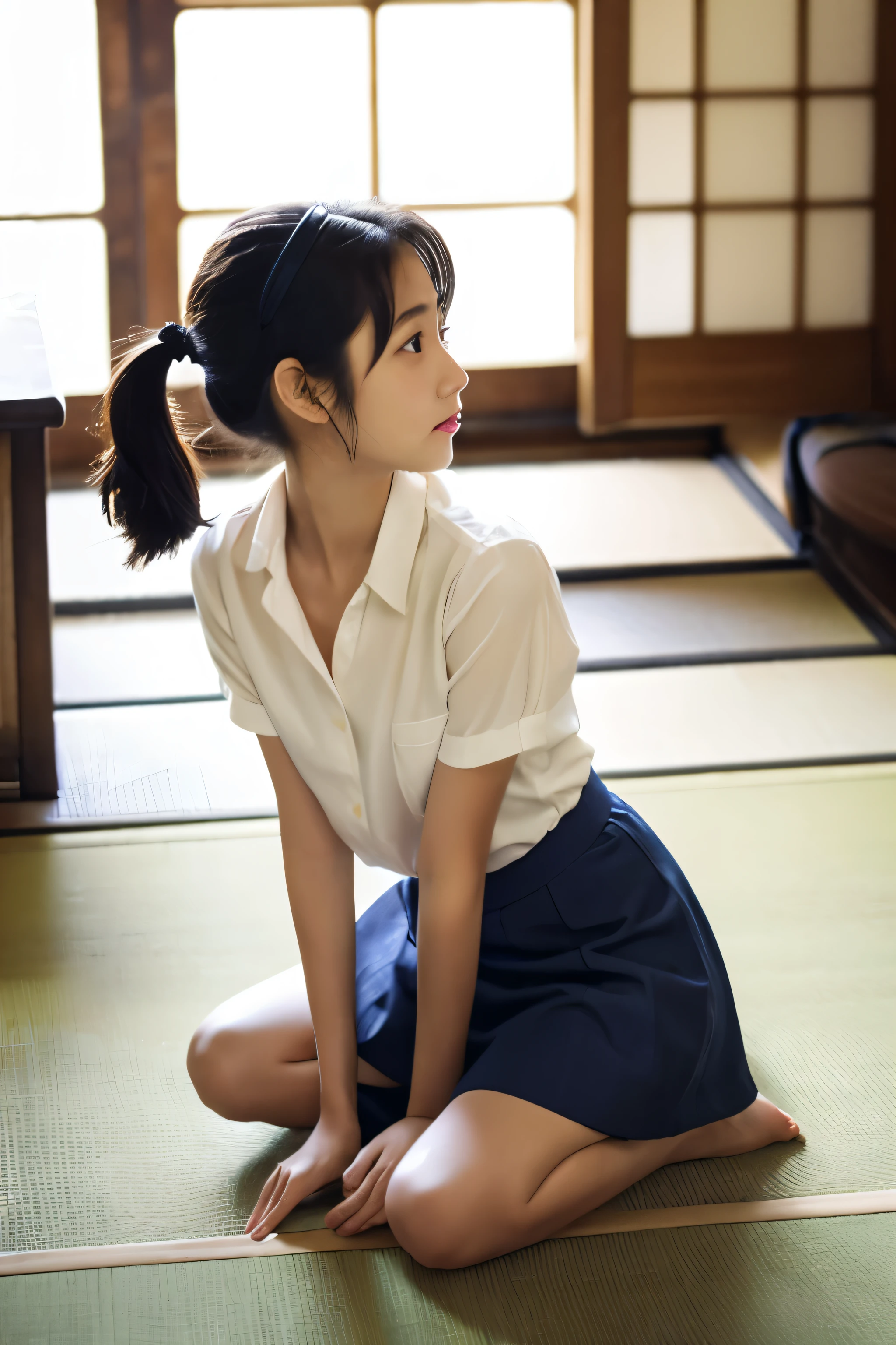 Cute Japanese Girl、、clear、Pitiful、pure love、Simple、White dress shirt、Navy Blue Skirt、Black ponytail hair、Kneeling on the floor indoors, looking up in surprise