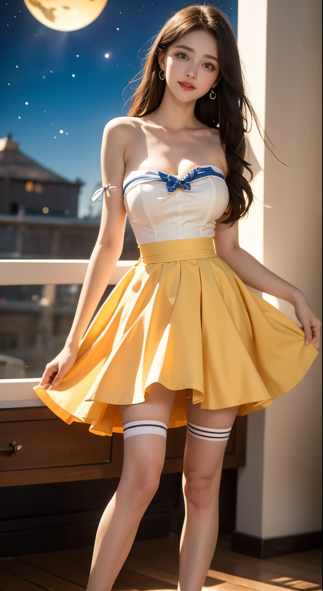 strapless dress,bow, yellow dress,white thighhighs,blue ribbon, ((Bare shoulders)), ((Full breasts)), ((Very big breasts)), ((The skirt is very short)), ((Very beautiful legs)), ((Standing)), ((cowboy shot)), actual, Fashion Girl, red lips, Mature women, Exquisite makeup, big eyes, beautiful, (best quality, masterpiece:1.2), Super detailed, (actual:1.37), ((Random Scenes, Random shooting angle)), Young and energetic, Charming model, (Exquisite eyes, delicate lips), Show a bright smile, Create stunning girl images, warm color, Extremely saturated colors, Official Art, Extremely detailed CG, Unity 8k Wallpaper, (High Dynamic Range :1.4), (Movie atmosphere),(Soft colors), (Natural skin texture, ultra-actual, Soft Light, sharp),(Very detailed), night, moonlight, ((Correct Legs)), ((Anatomically correct))