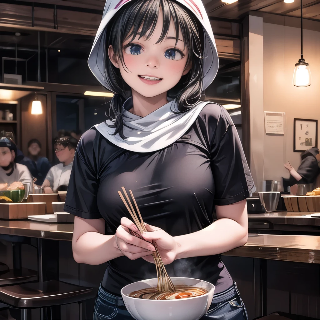 8K, ultra detailed, (realistic:1.2), masterpiece, 30yo, A woman wearing a black T-shirt and a white bandana on his head, (laugh:1.5), Ramen restaurant kitchen, standing