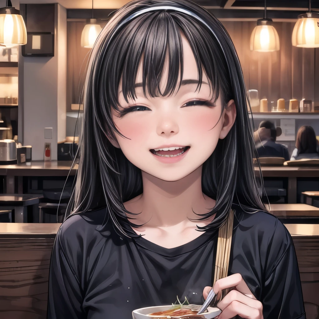 8K, ultra detailed, (realistic:1.2), masterpiece, 30yo, A woman wearing a black T-shirt and a white bandana on his head, (laugh:1.5), Ramen restaurant kitchen, standing