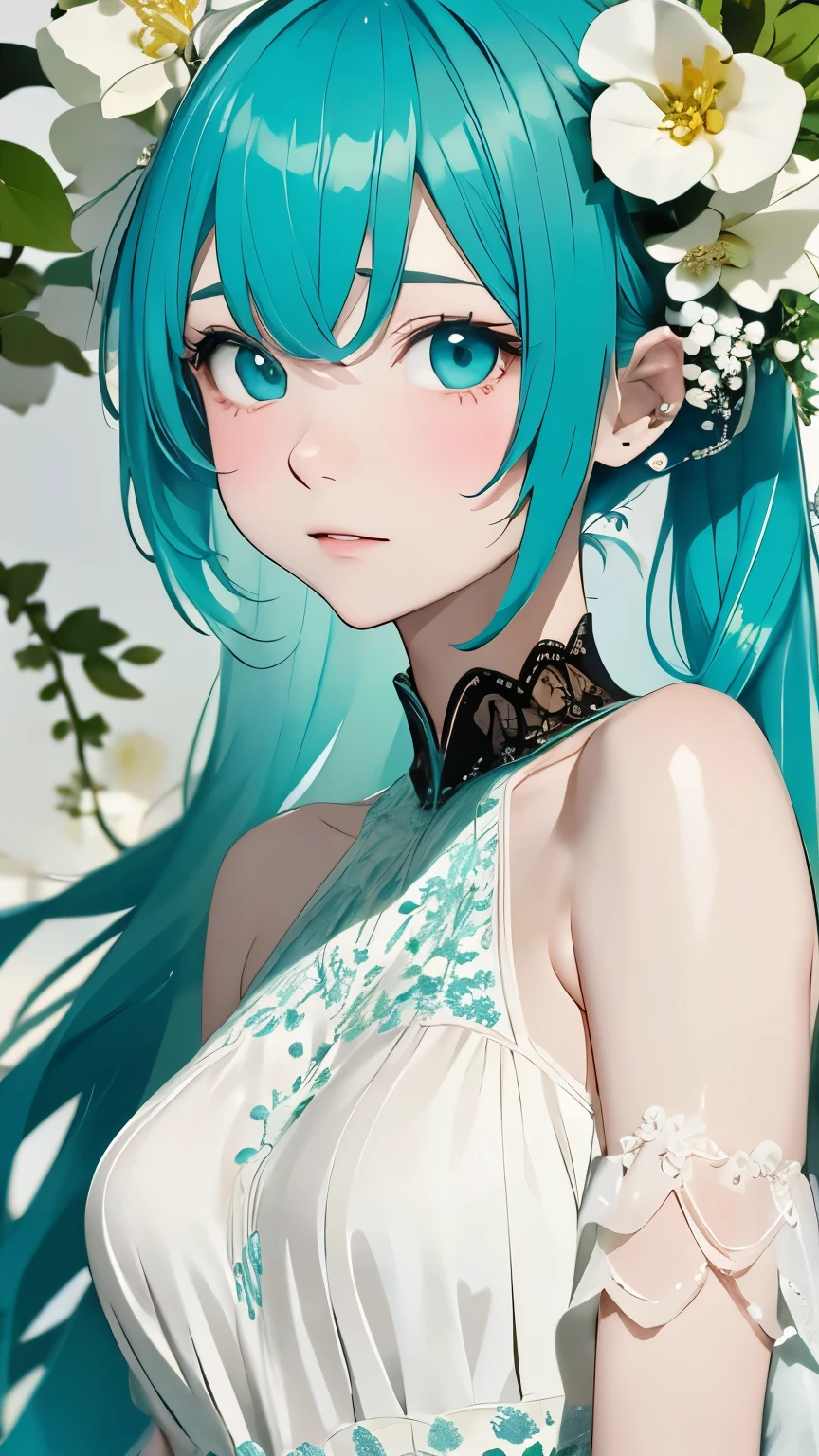 Beautiful woman、Hatsune Miku、flower arrangement、Wabi-sabi art、かわいいface、Very detailed_face_eye、Very detailedなface、White Dress、black、gray、Light blue tones、parchment、抽象的flower arrangement、Three big flowers、Surreal art、silence、wallpaper、highest quality、masterpiece、High resolution、８ｋ