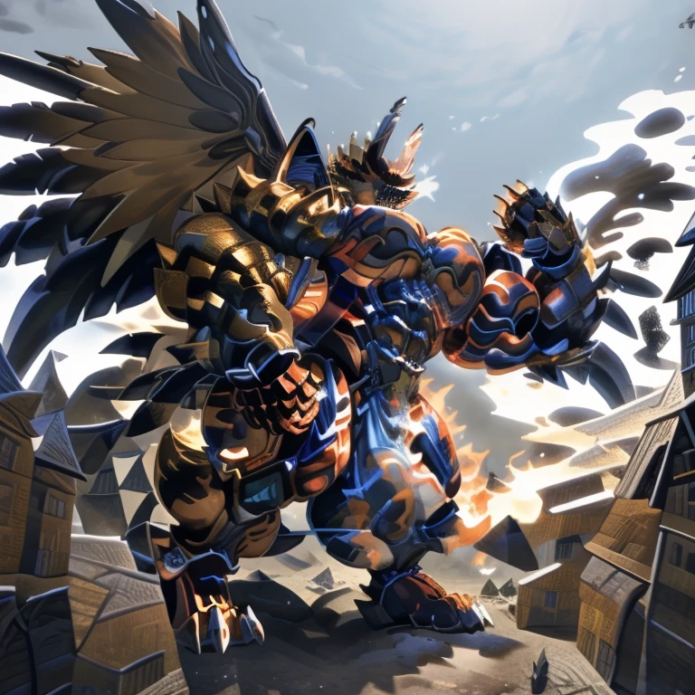 (masterpiece. official art. 8k. best quality. detailed full body. full body.)

(situation 1 : dominating GARO. GARO is over 1000 meters long. focus GIANT mechanical Muscular GARO is trampling the city. Looking down. macro. stomp. Low-angle perspective. emphasizing the immense size.)

(situation 2 :smoke and flames rising from the destruction in the city)


(Additional details 2: (Detailed head. Detailed Body. Detailed abs. gigantic muscles. HYPER MUSCLES. Gigachad Muscular. big muscle. pecs. triceps. traps. unusually developed muscular body. body full of huge muscles. showing off muscles. pectorales enormes. Exaggeratedly huge muscles. huge muscles. long legs.).

(Additional details 3: Spread wings. It has Golden wings. have big wings. The claws are sharp. Sharp teeth.5 toes.).


(Additional details 5: wearing a full-face helmet. a fantasy-style biomecha armored combat suit. composite layered chest armor, fully enclosed shoulder guards, hero in anime style, perfect body proportions, golden ratio)

