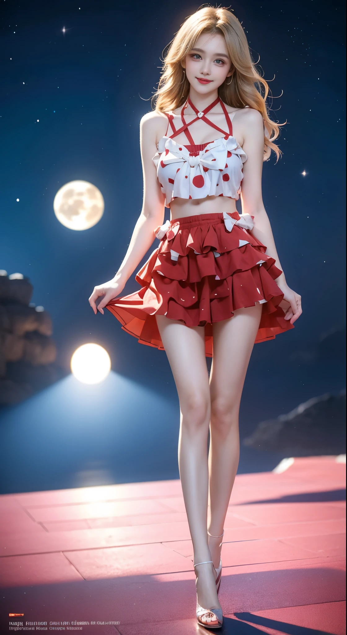 cute swimsuit, polka dot bikini, frills, bow, halterneck, ((Bare shoulders)), ((Full breasts)), ((Very big breasts)), ((The skirt is very short)), ((Very beautiful legs)), ((Standing)), ((cowboy shot)), actual, Fashion Girl, red lips, Mature women, Exquisite makeup, big eyes, beautiful, (best quality, masterpiece:1.2), Super detailed, (actual:1.37), ((Random Scenes, Random shooting angle)), Young and energetic, Charming model, (Exquisite eyes, delicate lips), Show a bright smile, Create stunning girl images, warm color, Extremely saturated colors, Official Art, Extremely detailed CG, Unity 8k Wallpaper, (High Dynamic Range :1.4), (Movie atmosphere),(Soft colors), (Natural skin texture, ultra-actual, Soft Light, sharp),(Very detailed), night, moonlight, ((Correct Legs)), ((Anatomically correct))
