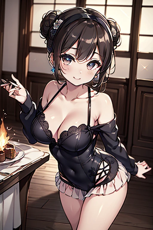 (((Masterpiece))),(((Super Detail))),(((in 8K))),(((best composition))),(((Rim lighting,Fireglow effect,deep shadow))),solo,(Hatsune Miku:1.0),Beautiful fingers,Detailed finger features,(Detailed hair features:1.7),(Dynamic and sexy bending pose:1.3),detailed facial features,detailed clothes features, (perky chest:1.1), (pointed chest:1.3), delicate beautiful face, Bright blue eyes, cute eyes, sparkling eyes, Big eyes, beautiful detailed eyes,double bun with glittering hair ornament,(super detailed glossy skin:1.3),slender body,tits,goddess smile,((with sparkling eyes and a contagious smile)),beautiful posture,have a cup of coffee,black hair, red eyes, dress, bare shoulders, jewelry, collarbone, sidelocks, hairband, earrings, indoors, off shoulder, sweater, arms behind back, plant, short hair with long locks, white hairband, off-shoulder dress, sweater dress, off-shoulder sweater, red sweater, big side hair, very long side hair,(super delicate floral pattern:1.2),seductive cleavage:1.3,beautiful glossy legs,shiny red high heels,lifting dishes with cakesd,french restaurant,hustle and bustle,rising steam,(((depth of fields)))