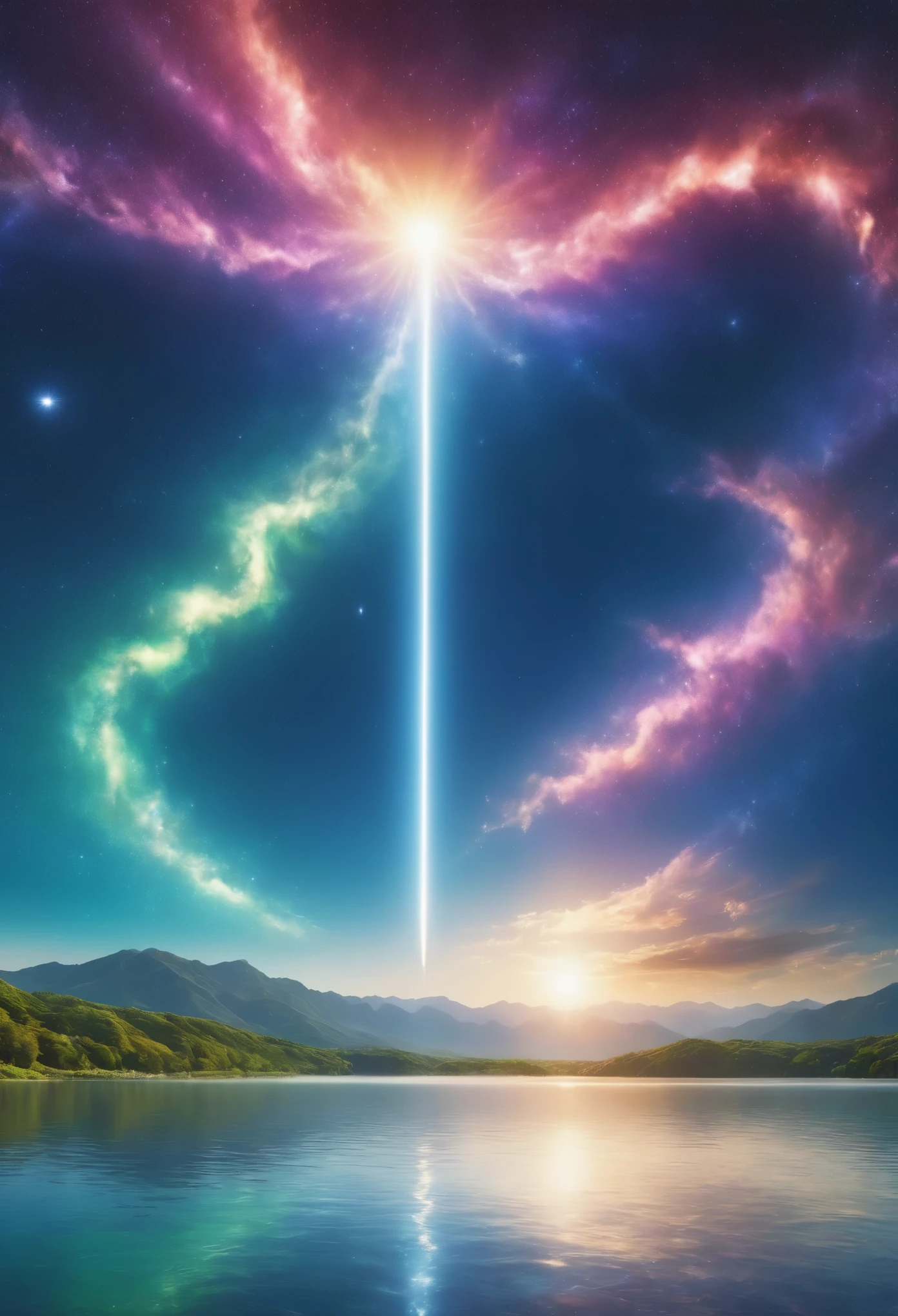 (8k, highest quality, masterpiece, final fantasy style: 1.2), (unRealistic, photoRealistic: 1.37), (one mage lady standing on lake side, huge bouncing bust:1.1), Dreamy landscape, Fantasy, Unsurreal landscapes, Super detailed, Flying medieval castle, Floating Island in the Sky, Seven-colored swirl of light, (流星のMr.に空を舞う光り輝く尾の長い小鳥:1.3), Aurora, Intense lightning, milky way, Complex Light, Mr.々Colored light, Large Lake, Starry sky reflected on the lake surface, Countless shining stars, Meteors, Many meteors, Aura of, (A pillar of light emanated from the ground:1,2), 複雑な文Mr.の魔法陣, 