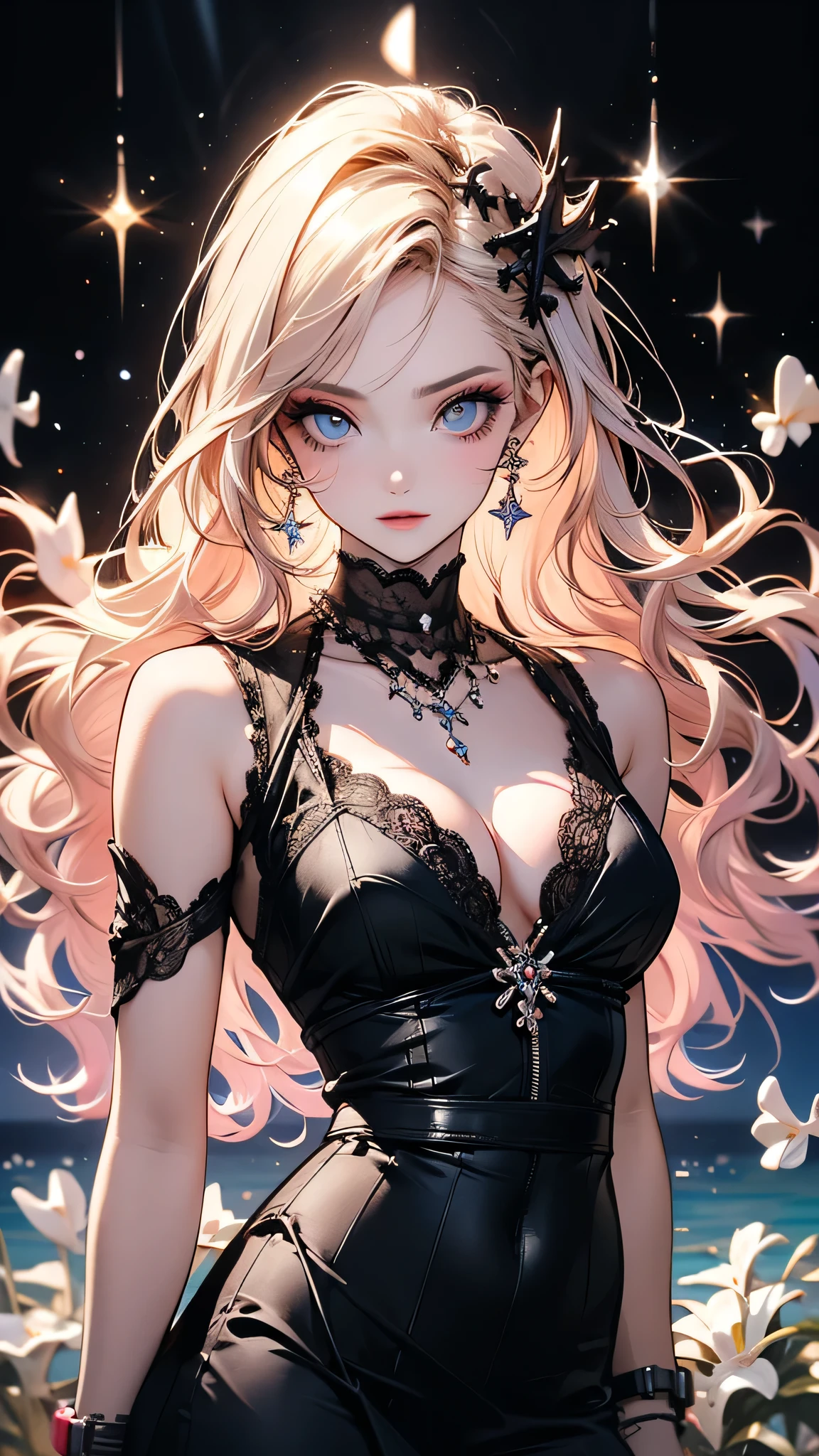 ( Absurd , high quality , Super detailed, Watch your hands )Zodiac sign - Cancer Goddess , Similar to the goodness of Latin , intellectual, Crafty, Reasonable, Strong-willed face , mature , tenacious, Sulky, Hypersensitive, Oppressive style , Ocean Blue Eyes(Eye details), Long Hair , Dark pink hair , Transparent dress , Lace Lingerie, In the sea of flowers , whole body , Innocent Makeup ,