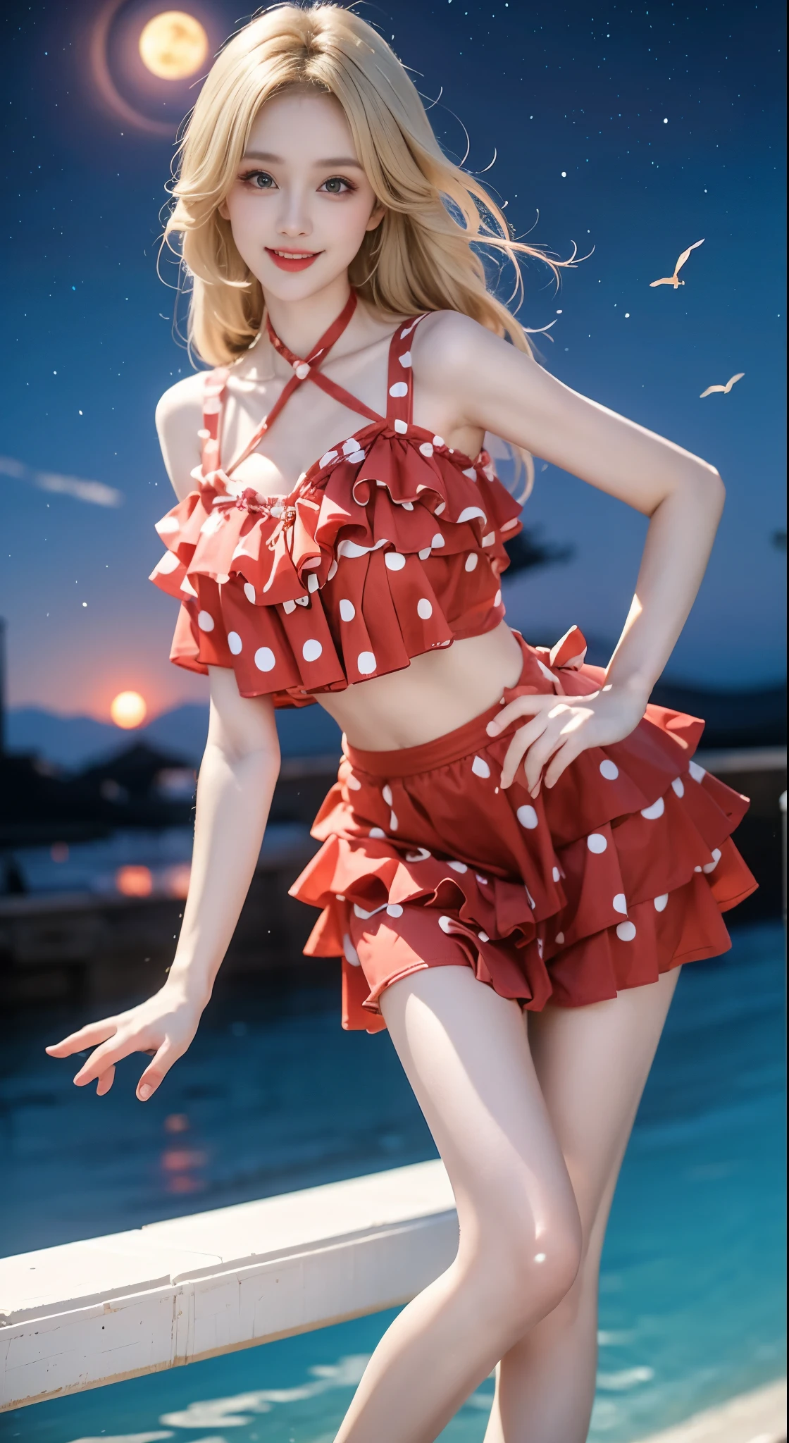 cute swimsuit, polka dot bikini, frills, bow, halterneck, ((Bare shoulders)), ((Full breasts)), ((Very big breasts)), ((The skirt is very short)), ((Very beautiful legs)), ((Standing)), ((cowboy shot)), actual, Fashion Girl, red lips, Mature women, Exquisite makeup, big eyes, beautiful, (best quality, masterpiece:1.2), Super detailed, (actual:1.37), ((Random Scenes, Random shooting angle)), Young and energetic, Charming model, (Exquisite eyes, delicate lips), Show a bright smile, Create stunning girl images, warm color, Extremely saturated colors, Official Art, Extremely detailed CG, Unity 8k Wallpaper, (High Dynamic Range :1.4), (Movie atmosphere),(Soft colors), (Natural skin texture, ultra-actual, Soft Light, sharp),(Very detailed), night, moonlight, ((Correct Legs)), ((Anatomically correct))