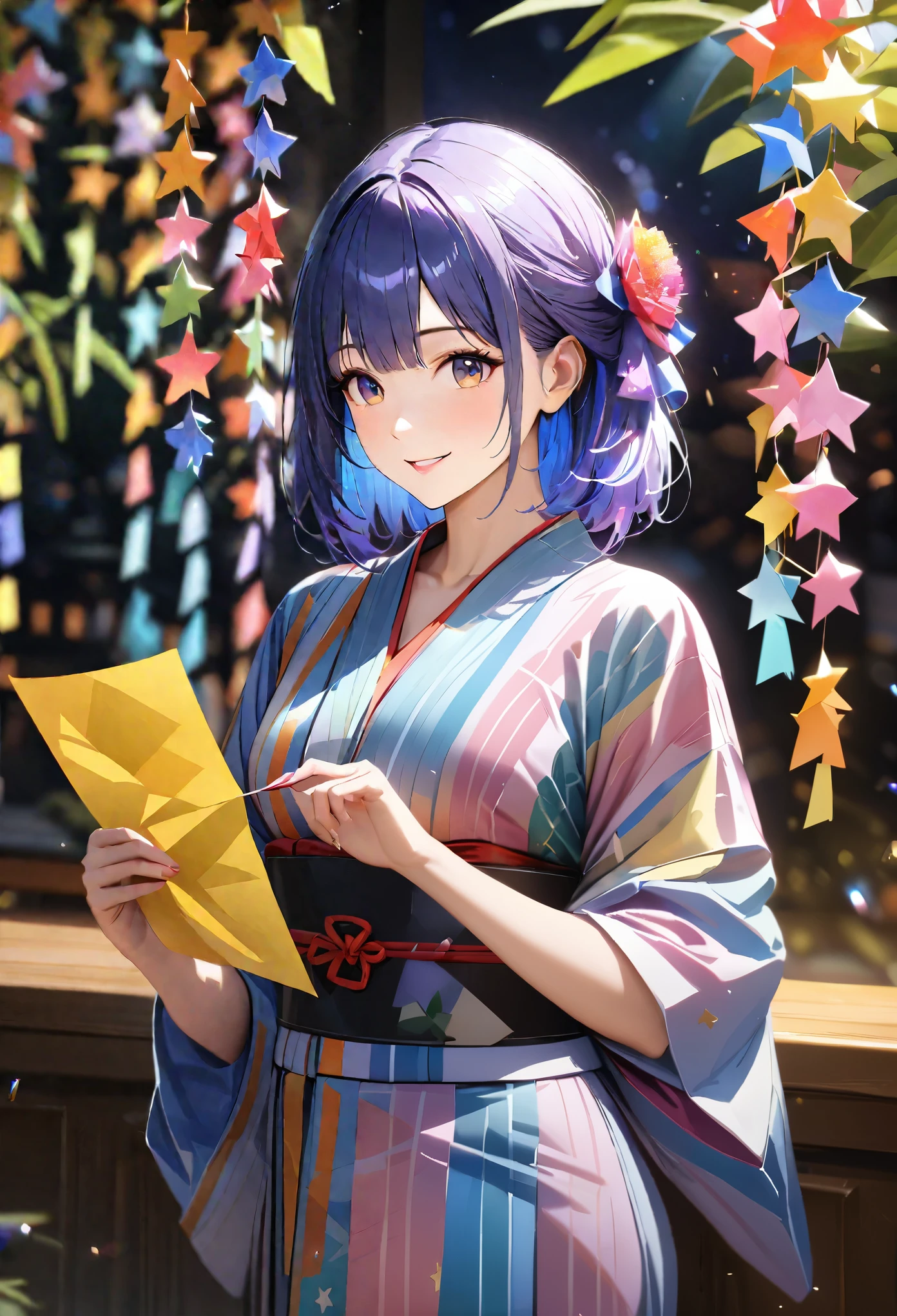 Tanabata,Beautiful night of stars, yukata, Holding a strip of paper,Blur the background,High school girls,Shortcuts,smile,Glitter effect,highest quality, 4K, 8k, High resolution, masterpiece:1.2, Very detailed, Realistic:1.37, High resolution, 超High resolution, Ultra-fine painting, Sharp focus, Physically Based Rendering, Very detailedな説明, Professional, Vibrant colors