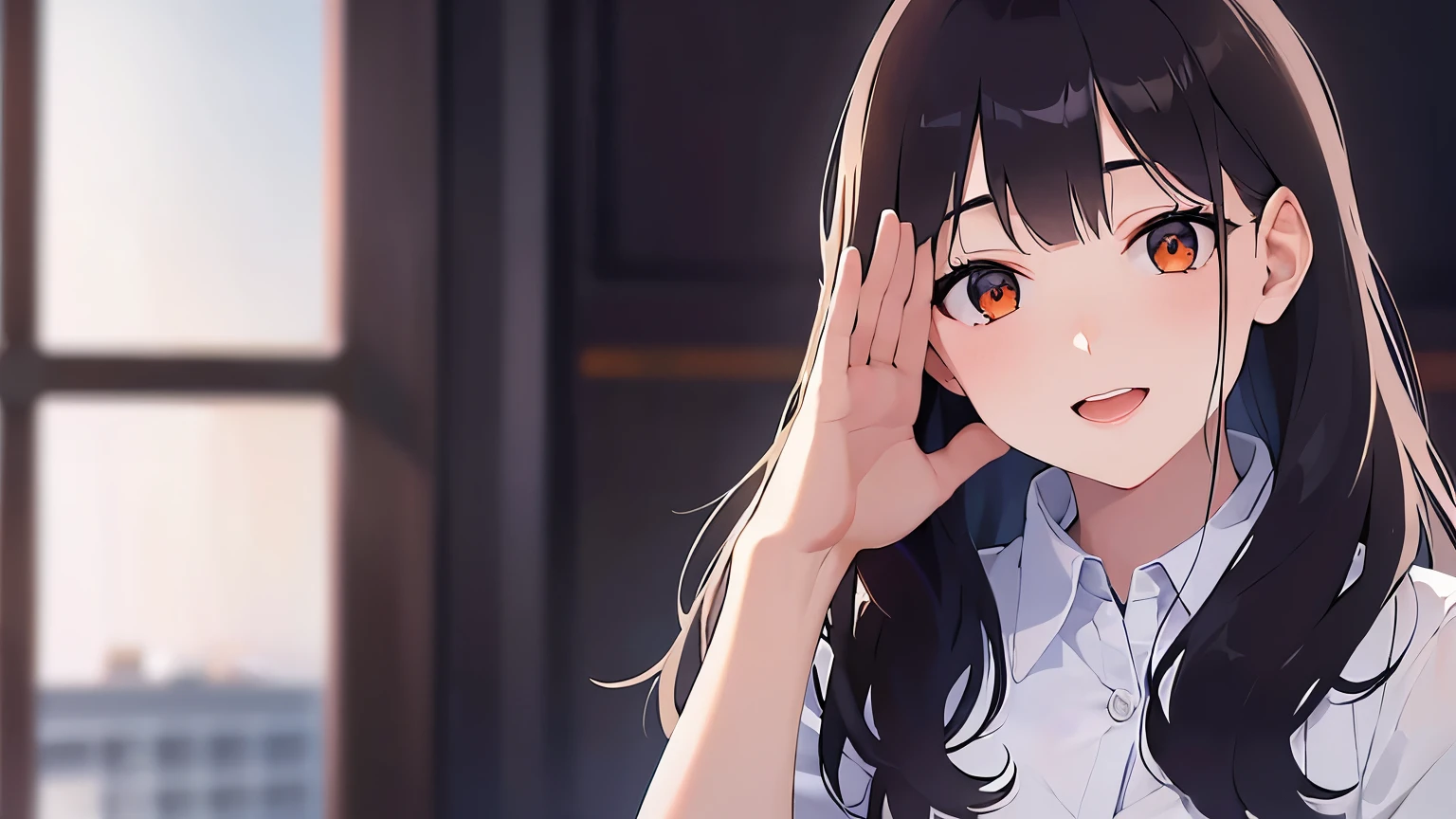 waving hand, Biologically correct five fingers、Upper Body, Realistic, real person, (pale skin: 1.2), RAW photo, photorealistic, shiny skin, shiny hair、(A 25-year-old woman with medium-length hair and bangs) and (wavy hair) and (brown hair) and (orange eyes) , white collared shirt 、smile, Background is an office room、Alone、Are standing,open mouth