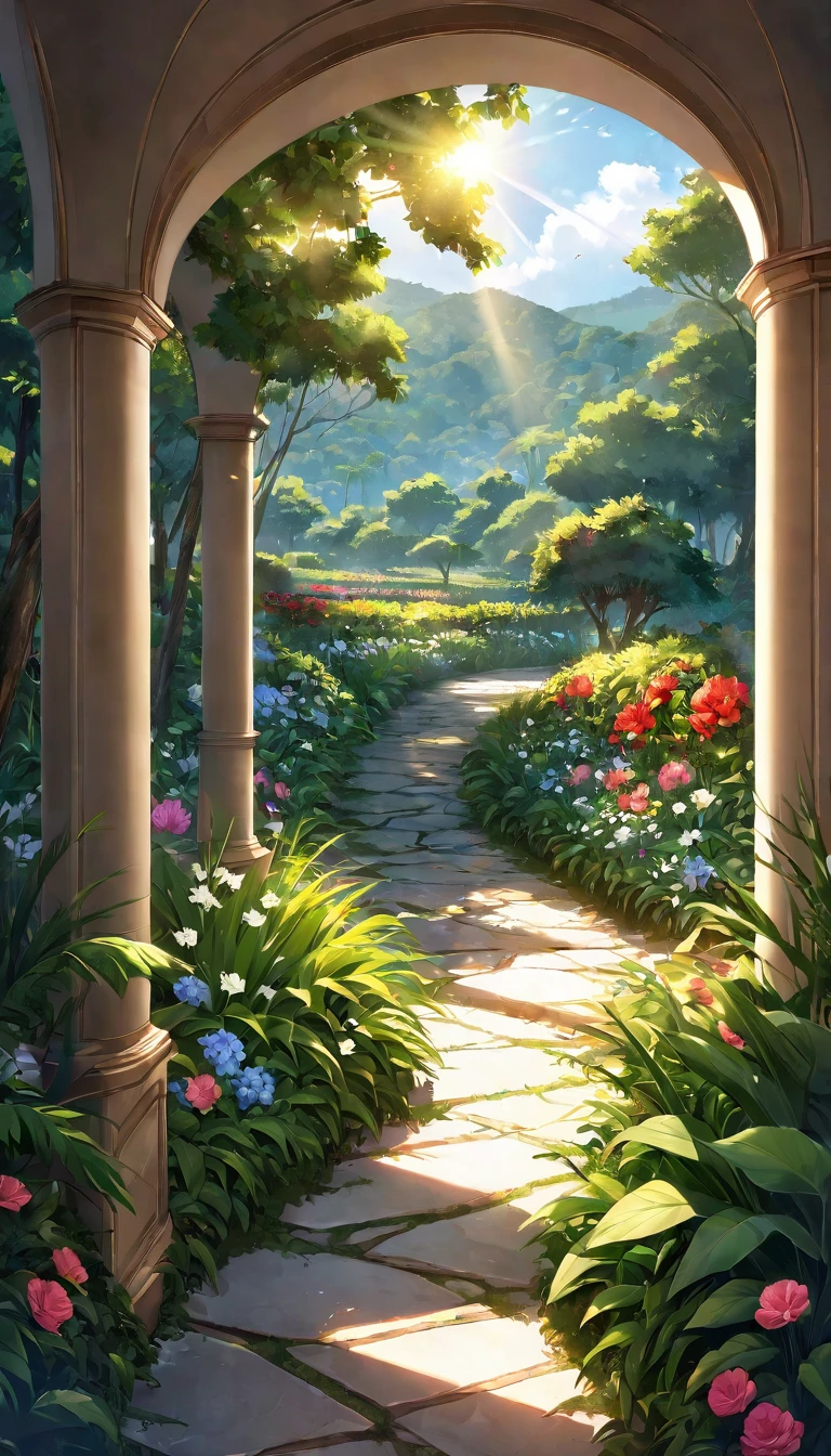 (papel de parede extremamente detalhado da unidade CG 8k, Obra de arte, melhor qualidade, ultra-detalhado), (better lighting, melhor sombra, extremamente delicado e lindo), Jardim de flores, lush vegetation, sunlight streaming through, profundidade de campo, ambiente acolhedor e convidativo.
