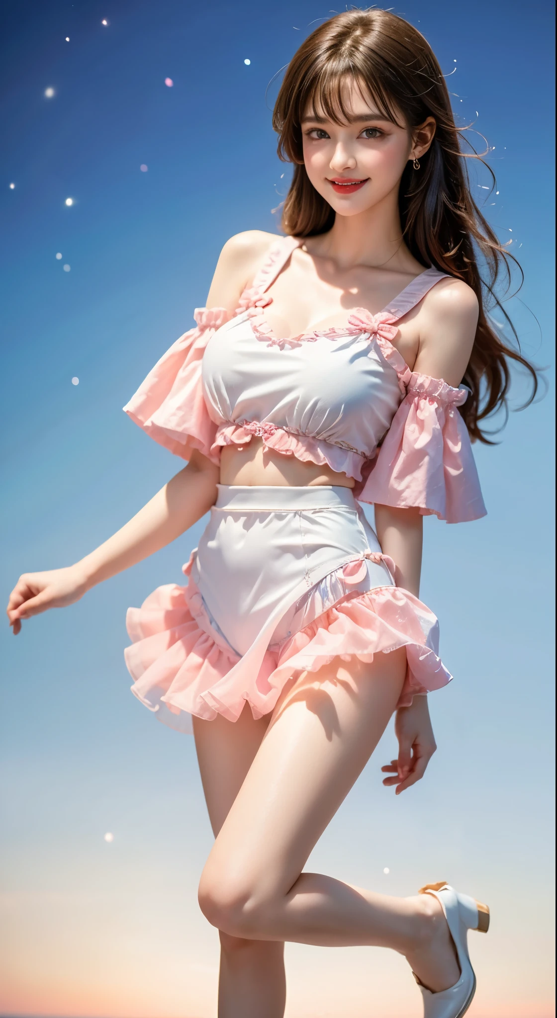 cute_swimsuit ((Bare shoulders)), ((Full breasts)), ((Very big breasts)), ((The skirt is very short)), ((Very beautiful legs)), ((Standing)), ((cowboy shot)), actual, Fashion Girl, red lips, Mature women, Exquisite makeup, big eyes, beautiful, (best quality, masterpiece:1.2), Super detailed, (actual:1.37), ((Random Scenes, Random shooting angle)), Young and energetic, Charming model, (Exquisite eyes, delicate lips), Show a bright smile, Create stunning girl images, warm color, Extremely saturated colors, Official Art, Extremely detailed CG, Unity 8k Wallpaper, (High Dynamic Range :1.4), (Movie atmosphere),(Soft colors), (Natural skin texture, ultra-actual, Soft Light, sharp),(Very detailed), night, moonlight, ((Correct Legs)), ((Anatomically correct))