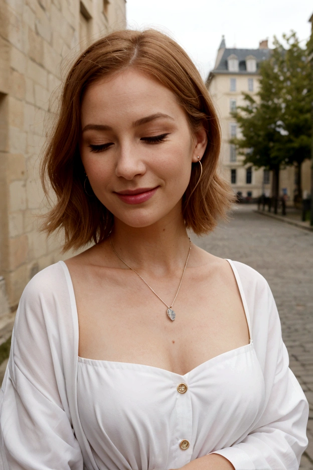 1fille, Seulement, go to the river, cheveux roux, percer les cheveux, lunettes sur la tête, yeux oranges, bijoux, arc, robe blanche, veste violette, pendant, des boucles d'oreilles, a, debout, main sur la hanche, regarder le spectateur, one eye closed, Petit sourire satisfait, En plein air, ville
