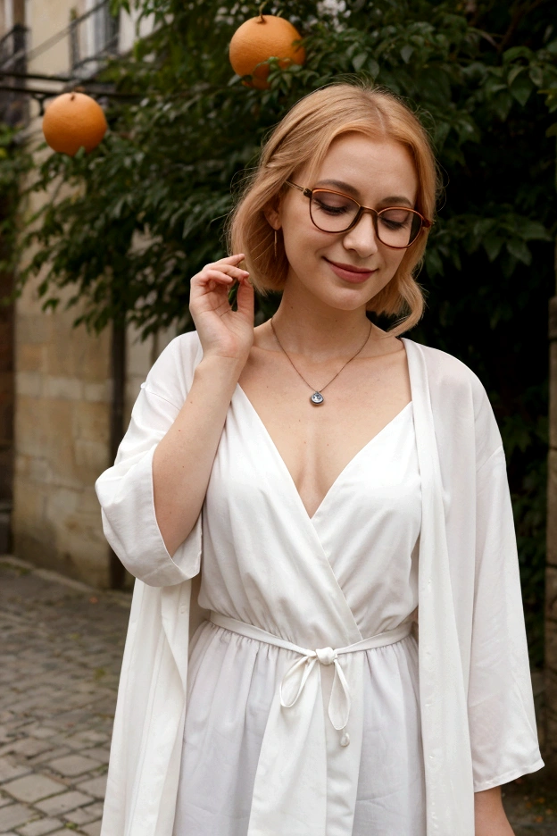 1fille, Seulement, go to the river, cheveux roux, percer les cheveux, lunettes sur la tête, yeux oranges, bijoux, arc, robe blanche, veste violette, pendant, des boucles d'oreilles, a, debout, main sur la hanche, regarder le spectateur, one eye closed, Petit sourire satisfait, En plein air, ville