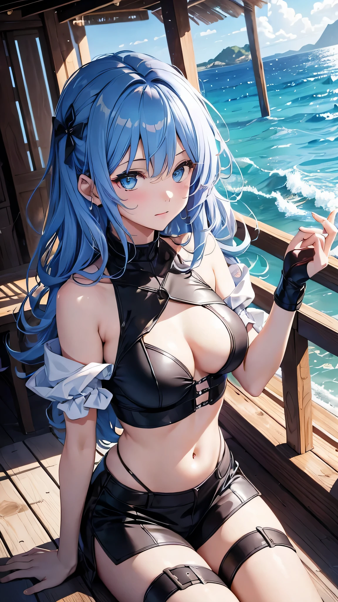 Highest quality、Highest quality、Masterpiece、girl((20-year-old、as soon as、Highest Bust、Medium Bust、Wide open chest、Red glowing eyes、Light Blue Hair、Disheveled Hair、Loincloth、thin、The best valley、Open chest、Full body view、White shorts、Black tank top、Lie))、high quality、Beautiful Art、background((Wooden house、Wooden house具、Fan、White Curtains))、Depth((Ocean)),flight、Flying Debris、Depth of text、movie、Visual Arts、Perfect Art、8K、Genuine、Special Angles