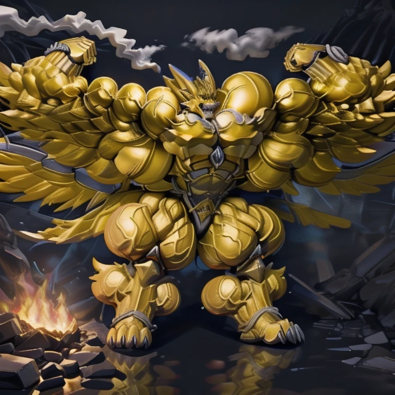 (masterpiece. official art. 8k. best quality. detailed full body. full body.)

(situation 1 : dominating GARO. GARO is over 1000 meters long. focus GIANT mechanical Muscular GARO is trampling the city. Looking down. macro. stomp. Low-angle perspective. emphasizing the immense size.)

(situation 2 :smoke and flames rising from the destruction in the city)


(Additional details 2: (Detailed head. Detailed Body. Detailed abs. gigantic muscles. HYPER MUSCLES. Gigachad Muscular. big muscle. pecs. triceps. traps. unusually developed muscular body. body full of huge muscles. showing off muscles. pectorales enormes. Exaggeratedly huge muscles. huge muscles. long legs.).

(Additional details 3: Spread wings. It has Golden wings. have big wings. The claws are sharp. Sharp teeth.5 toes.).


(Additional details 5: wearing a full-face helmet. a fantasy-style biomecha armored combat suit. composite layered chest armor, fully enclosed shoulder guards, hero in anime style, perfect body proportions, golden ratio)

