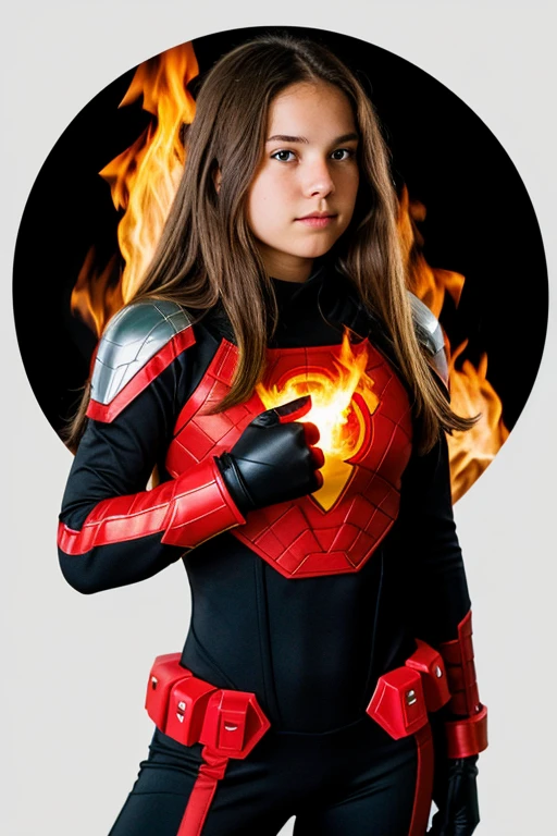 14 year old girl. Light Brown hair. Straight hair. Mostly Red and a little black superhero suit with a fire sign in a circle on the chest. Fire ball in her hand. White background.
