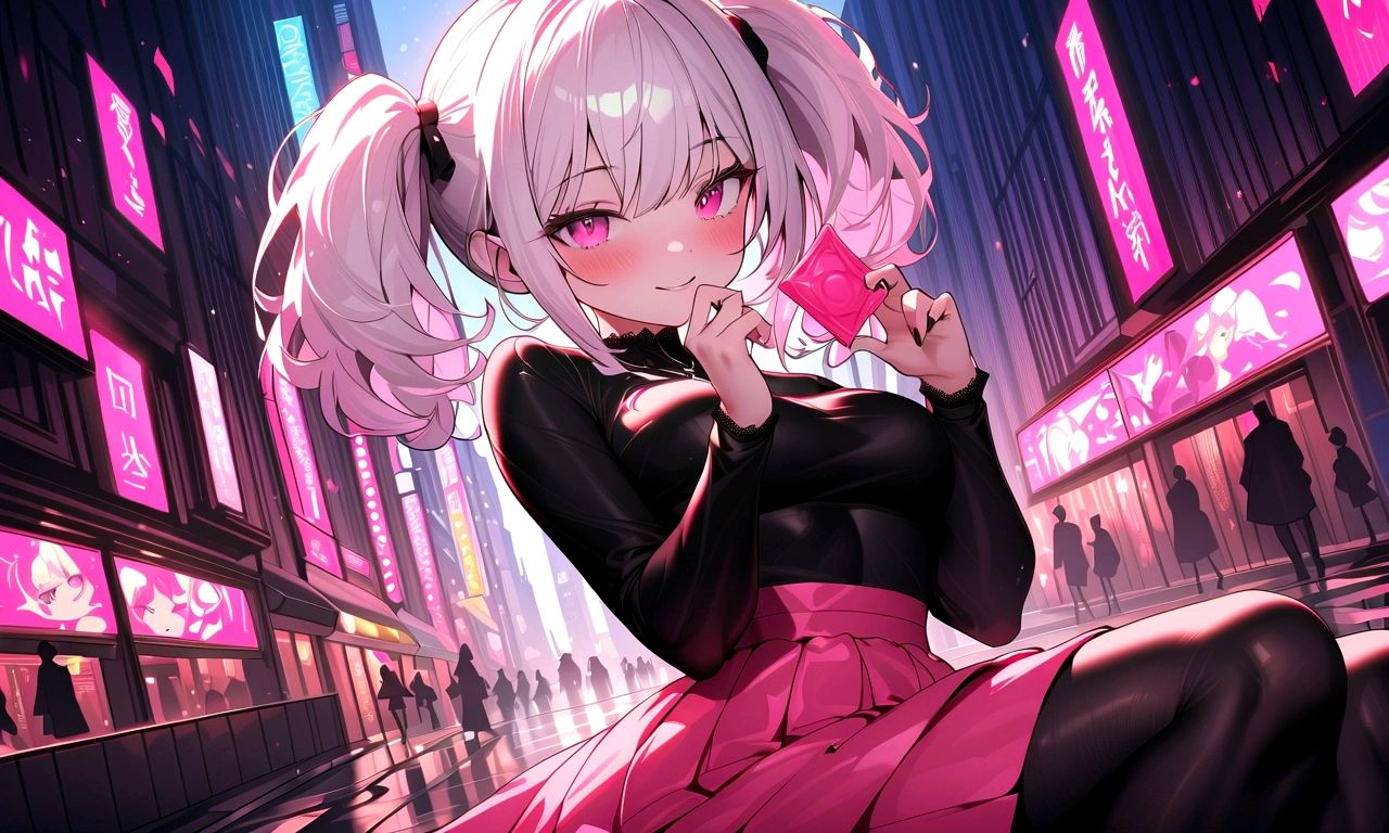 1girl, white hair, short twintails, seductive and playful smile, naughty look, pink eyes, wearing plain black shirt, pink skirt, black leggings, city, absurdres, high res, ultrasharp, 8K, masterpiece, looking at viewer, no hat, holding square condom in hand,