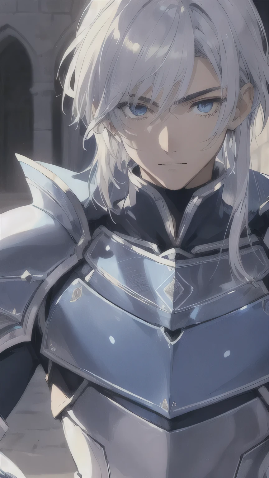 ((masterpiece)), ((best quality)), perfect detailed eyes, perfect detailed face, Blue sapphire armor, knight, 20-year-old male, Knights of the Round Table, Arthurian legend, silver hair