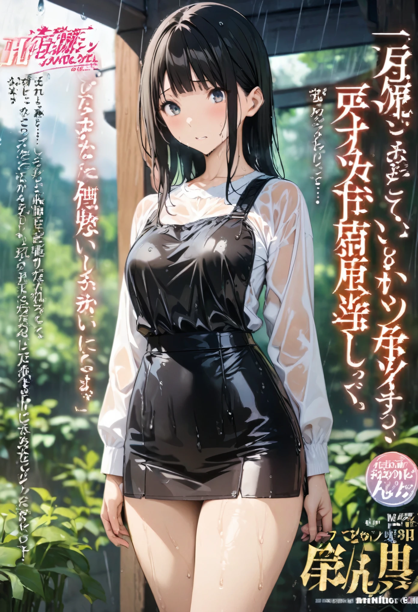 Magazine cover(masterpiece, best quality:1.2),little girl，（（（The eyes are delicate）））（（Wet clothes））Short skirt，underwear，outdoor，rain（8K）（HD）