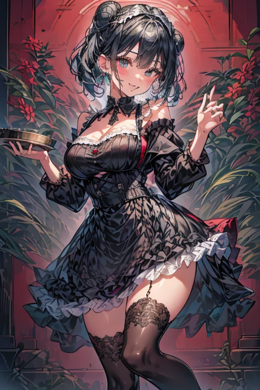 (((Masterpiece))),(((Super Detail))),(((in 8K))),(((best composition))),(((Rim lighting,Fireglow effect,deep shadow))),solo,(Hatsune Miku:1.0),Beautiful fingers,Detailed finger features,(Detailed hair features:1.7),(Dynamic and sexy bending pose:1.3),detailed facial features,detailed clothes features, (perky chest:1.1), (pointed chest:1.3), delicate beautiful face, Bright blue eyes, cute eyes, sparkling eyes, Big eyes, beautiful detailed eyes,double bun with glittering hair ornament,(super detailed glossy skin:1.3),slender body,tits,goddess smile,((with sparkling eyes and a contagious smile)),beautiful posture,have a cup of coffee,black hair, red eyes, dress, bare shoulders, jewelry, collarbone, sidelocks, hairband, earrings, indoors, off shoulder, sweater, arms behind back, plant, short hair with long locks, white hairband, off-shoulder dress, sweater dress, off-shoulder sweater, red sweater, big side hair, very long side hair,(super delicate floral pattern:1.2),seductive cleavage:1.3,beautiful glossy legs,shiny red high heels,lifting dishes with cakesd,french restaurant,hustle and bustle,rising steam,(((depth of fields)))