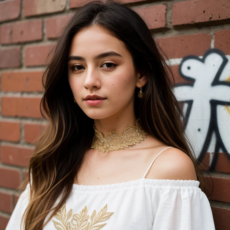 ultra realistic 8k cg, masterpiece, ((ultra detailed background, delicate pattern, intricate detail)), best quality, intricate details, chromatic aberration, 1girl, long hair, golden hair, messy hair, red highlights, hair over one eye, sharp eyes, choker, brick wall, graffiti, dim lighting, alley, oversized shirt,off shoulder, see through white shirt, Masterpiece, best quality