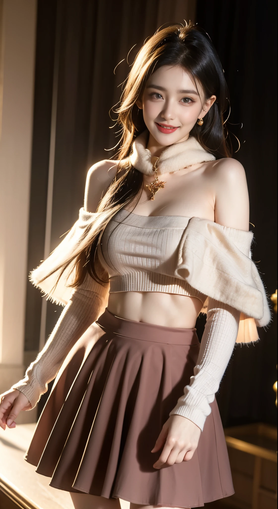 cyb skirt, long sleeves, capelet, wool ball scarf, scarf, ((Bare shoulders)), ((Full breasts)), ((Very big breasts)), ((The skirt is very short)), ((Very beautiful legs)), ((Standing)), ((cowboy shot)), actual, Fashion Girl, red lips, Mature women, Exquisite makeup, big eyes, beautiful, (best quality, masterpiece:1.2), Super detailed, (actual:1.37), ((Random Scenes, Random shooting angle)), Young and energetic, Charming model, (Exquisite eyes, delicate lips), Show a bright smile, Create stunning girl images, warm color, Extremely saturated colors, Official Art, Extremely detailed CG, Unity 8k Wallpaper, (High Dynamic Range :1.4), (Movie atmosphere),(Soft colors), (Natural skin texture, ultra-actual, Soft Light, sharp),(Very detailed), night, moonlight, ((Correct Legs)), ((Anatomically correct))