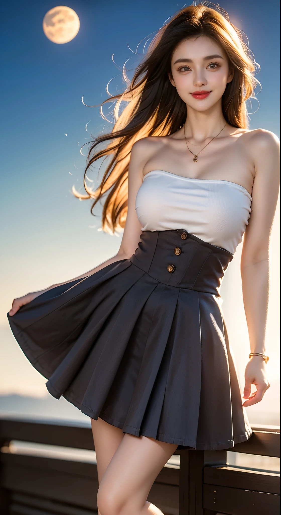 cyb skirt, cyb shirt, high-waist skirt, neck ribbon, ((Bare shoulders)), ((Full breasts)), ((Very big breasts)), ((The skirt is very short)), ((Very beautiful legs)), ((Standing)), ((cowboy shot)), actual, Fashion Girl, red lips, Mature women, Exquisite makeup, big eyes, beautiful, (best quality, masterpiece:1.2), Super detailed, (actual:1.37), ((Random Scenes, Random shooting angle)), Young and energetic, Charming model, (Exquisite eyes, delicate lips), Show a bright smile, Create stunning girl images, warm color, Extremely saturated colors, Official Art, Extremely detailed CG, Unity 8k Wallpaper, (High Dynamic Range :1.4), (Movie atmosphere),(Soft colors), (Natural skin texture, ultra-actual, Soft Light, sharp),(Very detailed), night, moonlight, ((Correct Legs)), ((Anatomically correct))