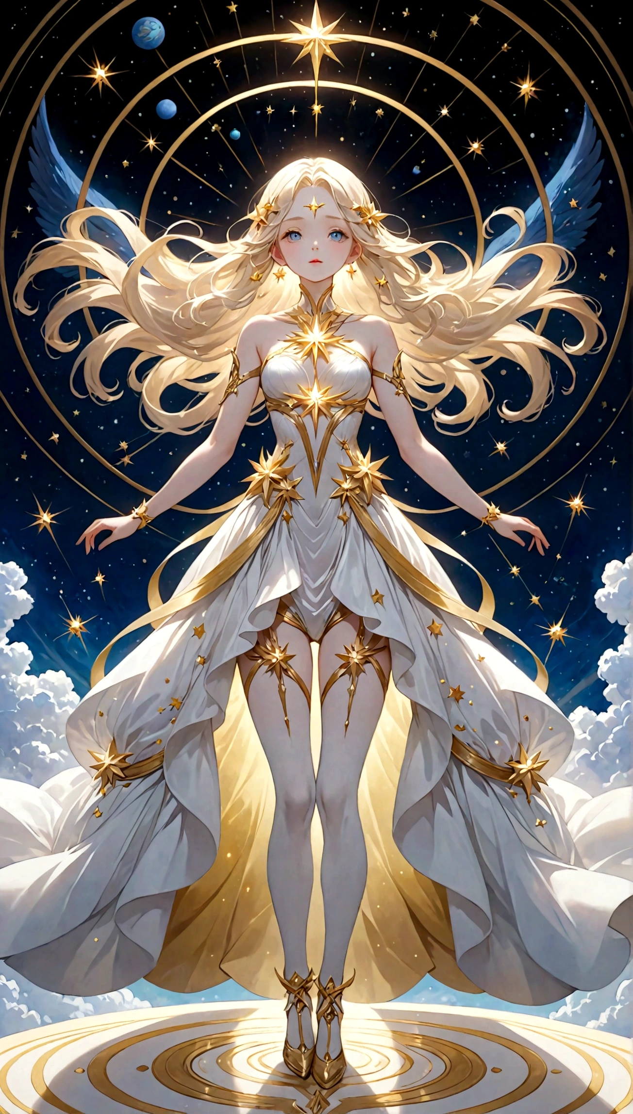 (masterpiece、highest quality、High resolution、8k)、Alone in space、goddess、Standing posture、whole body、Super beautiful、Perfect figure、White Dress、(Floating in the sky like a star、Floating、Floating)、(金色のLightがwhole bodyを包んでいる)、(whole bodyがLightの中にある)、Looking down on the earth、(目がくらむほどのLight、Light、Light)、宇宙はLightに満ちている、Dynamic Movement、The Universe is Infinite、