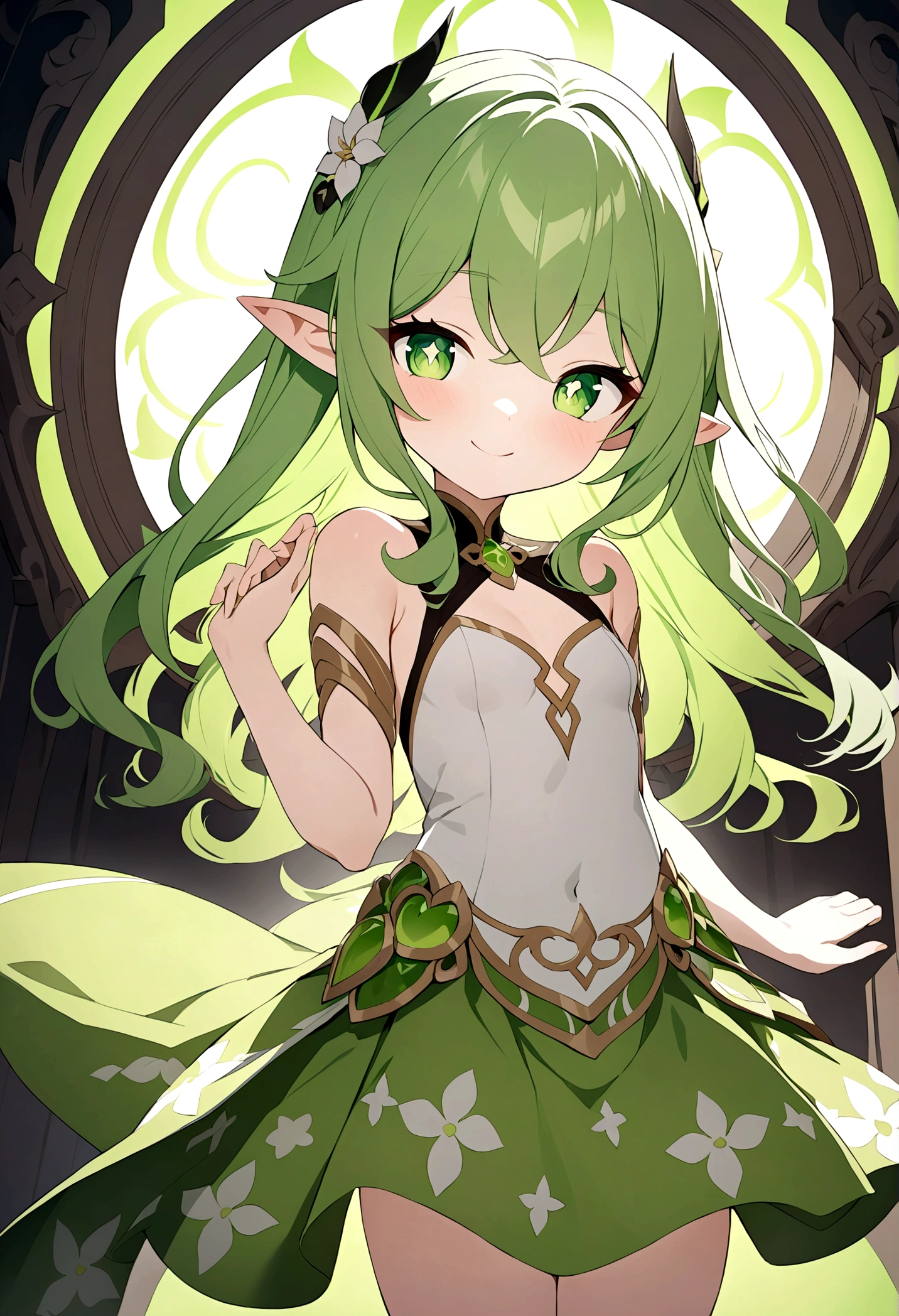 Genshin Impact,Nashida role,Young women,Green floral skirt,Naughty and cute,Pointy ears,Winking eyes,Sweet smile,Wave hello,Second Dimension,Octane Rendering,masterpiece,Highest quality,Ultimate details,8K resolution