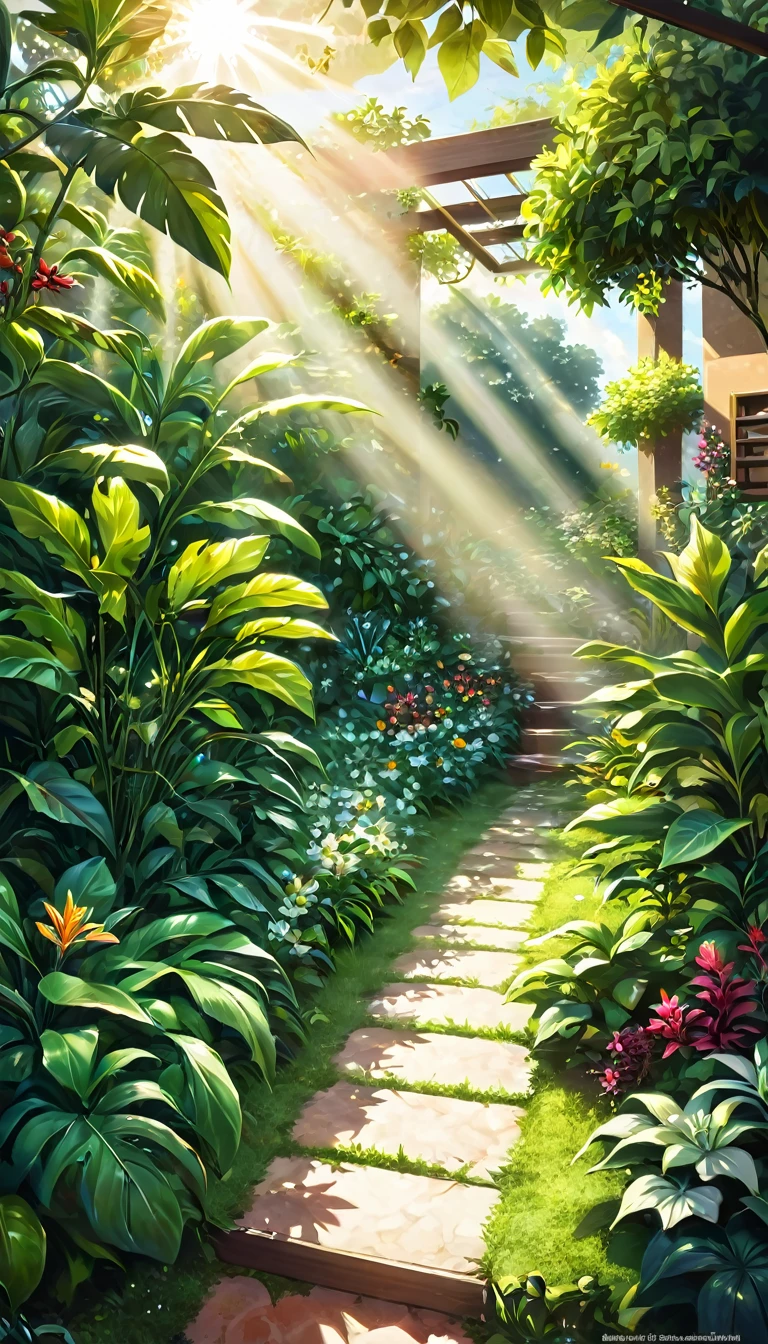 (papel de parede extremamente detalhado da unidade CG 8k, Obra de arte, melhor qualidade, ultra-detalhado), (better lighting, melhor sombra, extremamente delicado e lindo), Jardim de flores, lush vegetation, sunlight streaming through, profundidade de campo, ambiente acolhedor e convidativo.