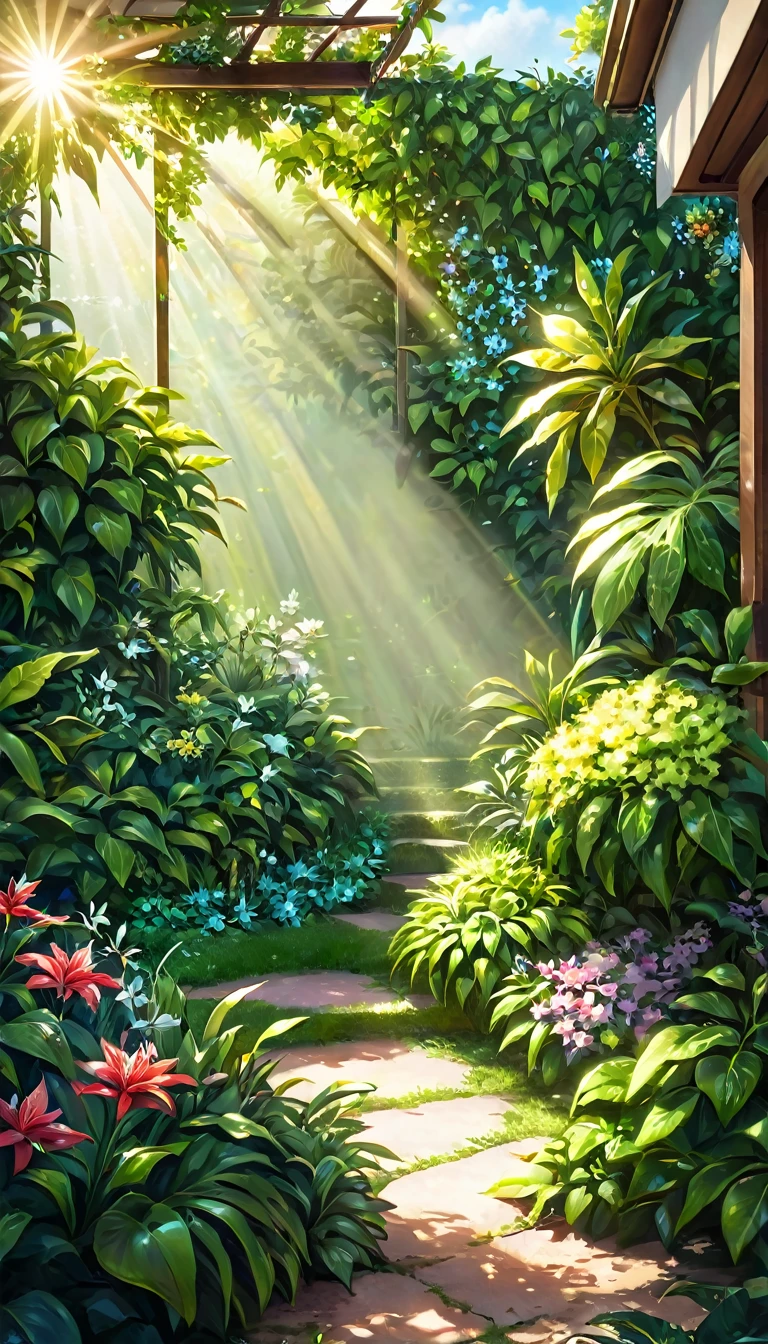 (papel de parede extremamente detalhado da unidade CG 8k, Obra de arte, melhor qualidade, ultra-detalhado), (better lighting, melhor sombra, extremamente delicado e lindo), Jardim de flores, lush vegetation, sunlight streaming through, profundidade de campo, ambiente acolhedor e convidativo.