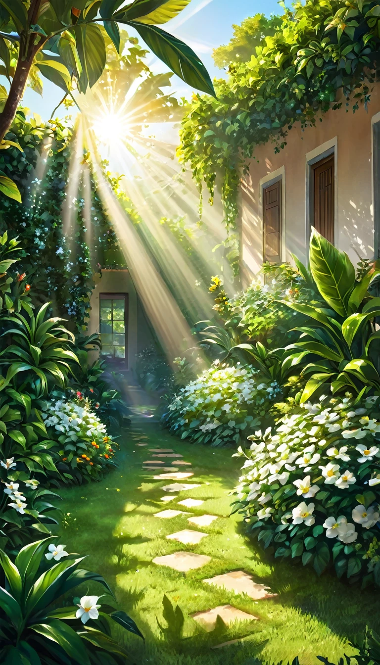 (papel de parede extremamente detalhado da unidade CG 8k, Obra de arte, melhor qualidade, ultra-detalhado), (better lighting, melhor sombra, extremamente delicado e lindo), Jardim de flores, lush vegetation, sunlight streaming through, profundidade de campo, ambiente acolhedor e convidativo.