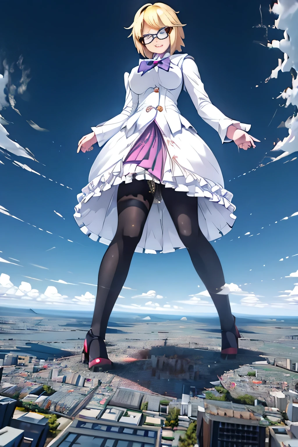 giantess art, highly detailed giantess shots, giantess, Two legs, Five fingers, short hair, A beautiful girl who is bigger than a skyscraper, Wearing rimless glasses, smile, huge breasts, blue and white dress, bow, magical girl, holding a magical wand, black pantyhose, blue stiletto heels, thunderbolt from a magical wand, Destroying cities, Under heavy attack but unharmed, A very small big city, Miniature metropolis, Full body description, GTS, giga giantess, stomping city, crash city, tiny city, micro city, pantyhose feet, High resolution, highest quality, masterpiece, peeing self, 