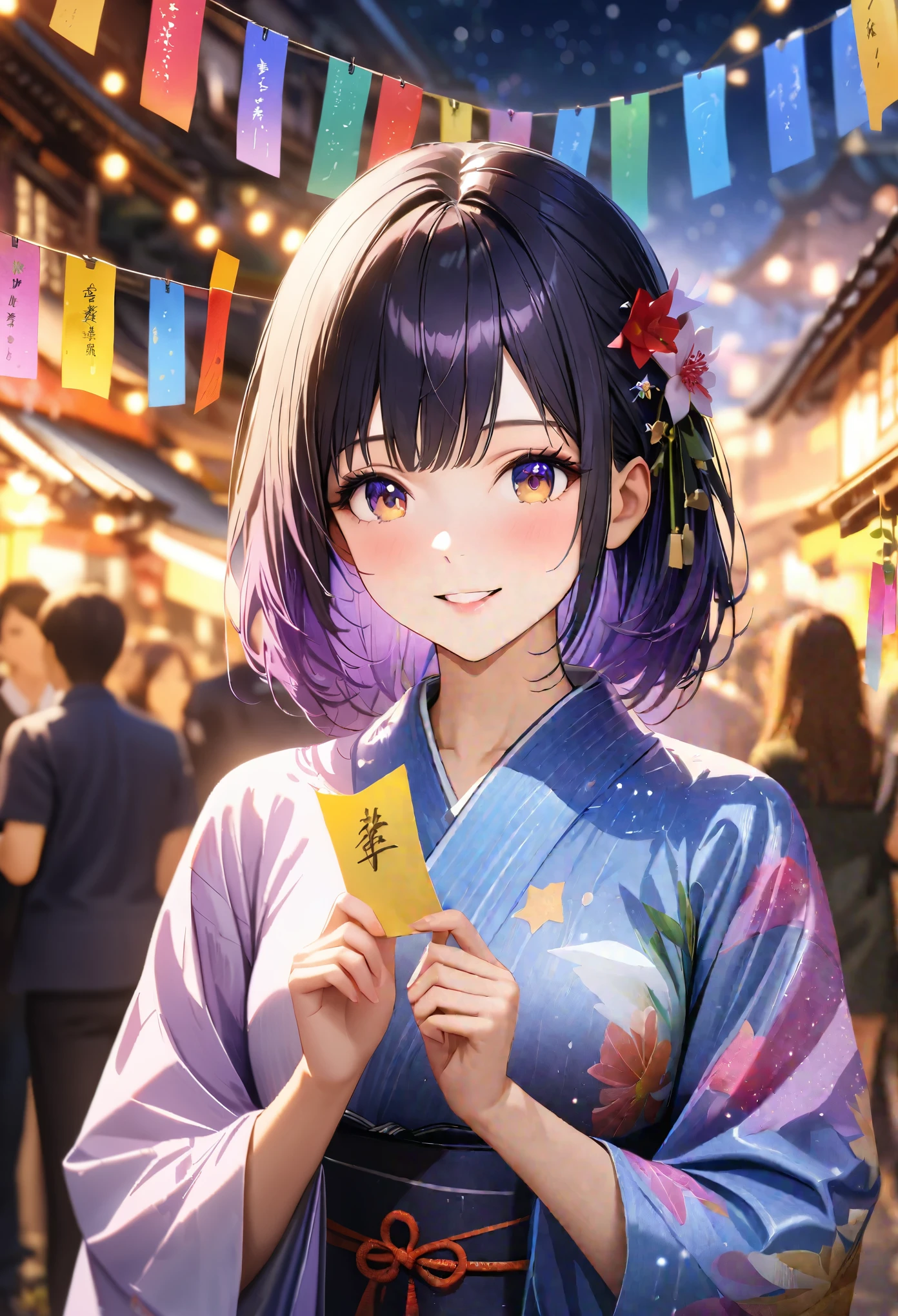 Tanabata,Beautiful night of stars, yukata, Holding a strip of paper,Blur the background,High school girls,Shortcuts,smile,Glitter effect,highest quality, 4K, 8k, High resolution, masterpiece:1.2, Very detailed, Realistic:1.37, High resolution, 超High resolution, Ultra-fine painting, Sharp focus, Physically Based Rendering, Very detailedな説明, Professional, Vibrant colors